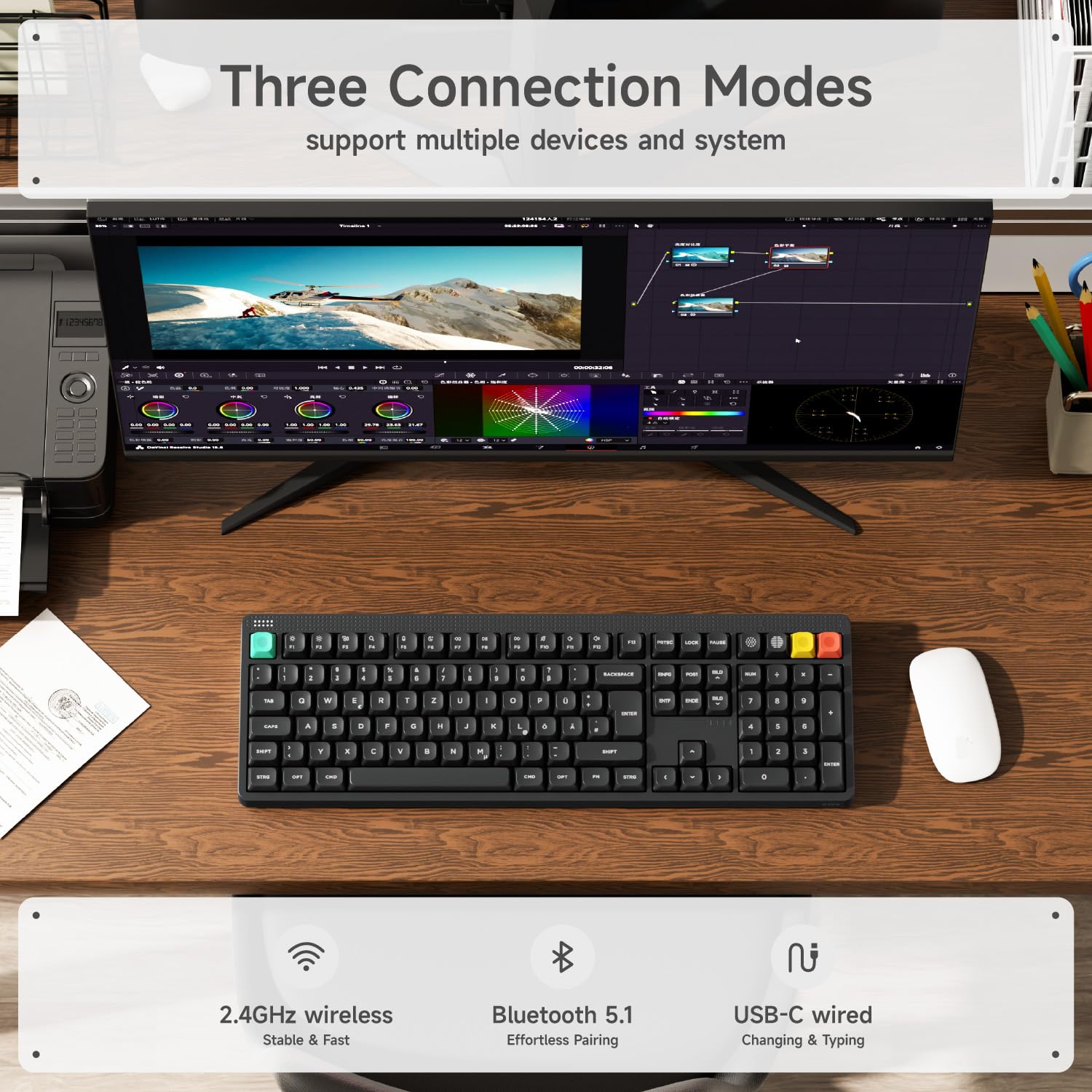nuphy Node100 - Tastiera meccanica wireless da gioco (layout tedesco) | Tastiera personalizzata sostituibile a caldo, 109 tasti, supporta gesti touch, Bluetooth/2,4 GHz/USB-C
