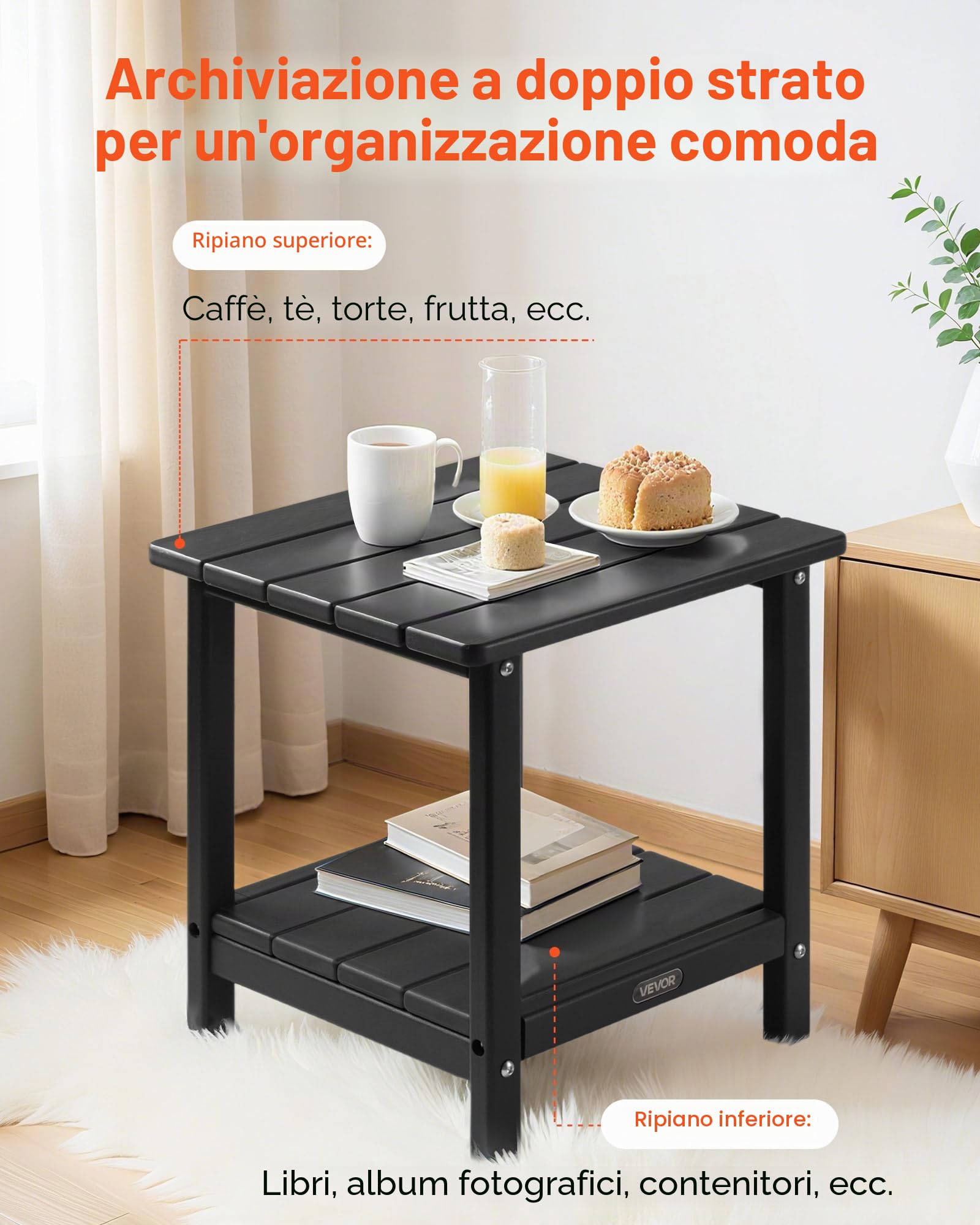 VEVOR Tavolino da Giardino 2 Ripiani 45 x 38 x 44 cm, HDPE, Tavolino da Esterno Mobiletto per Cortile per Bordo piscina, Spiaggia, Veranda, Balcone, Interno, Nero