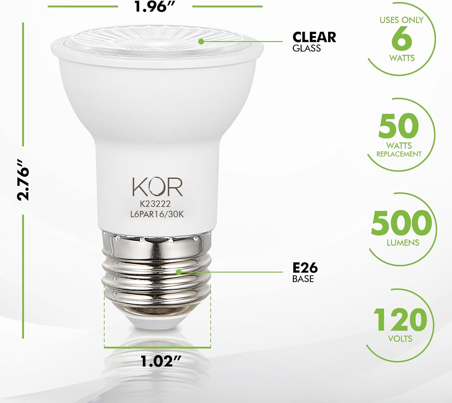 KOR LED PAR16 Flood Light Bulbs, 6 Pack, Dimmable 50W Equivalent, 3000K Warm White, Indoor Outdoor 6W Spotlight Bulb, E26 Base, 1250 Lumens, Frosted Finish, Damp Location Rated