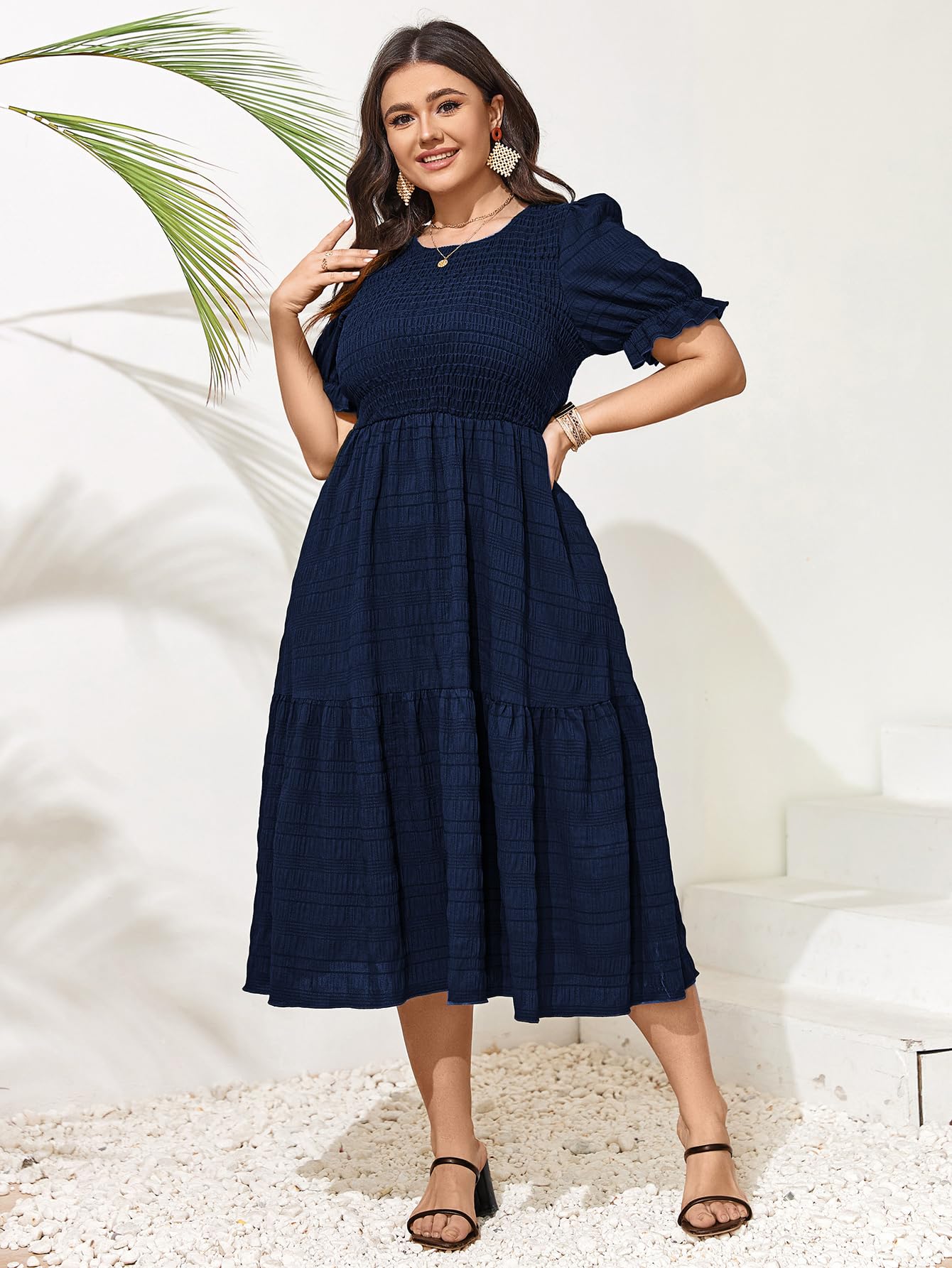 SCOMCHIC Vestidos de Verano para Mujer, Talla Grande, Casual, Manga Corta, Cuello Redondo, Fruncido, con Volantes, Bohemio, para Fiesta, Azul Marino, XXL Más