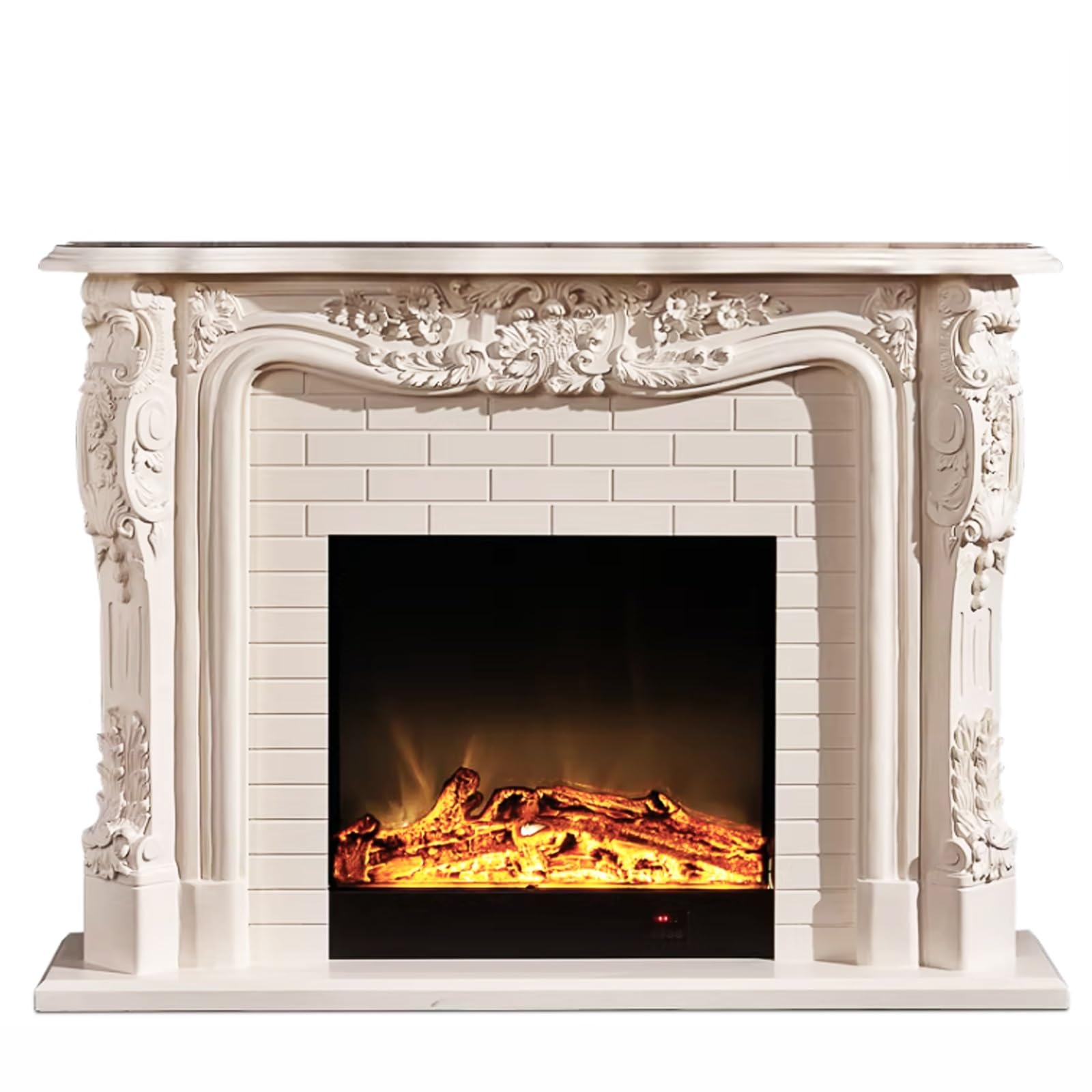 Mantels Surrounds Ornate Carved Electric Fireplace Mantel European Vintage Antique Finish Non-Heating Decorated Frame(White)