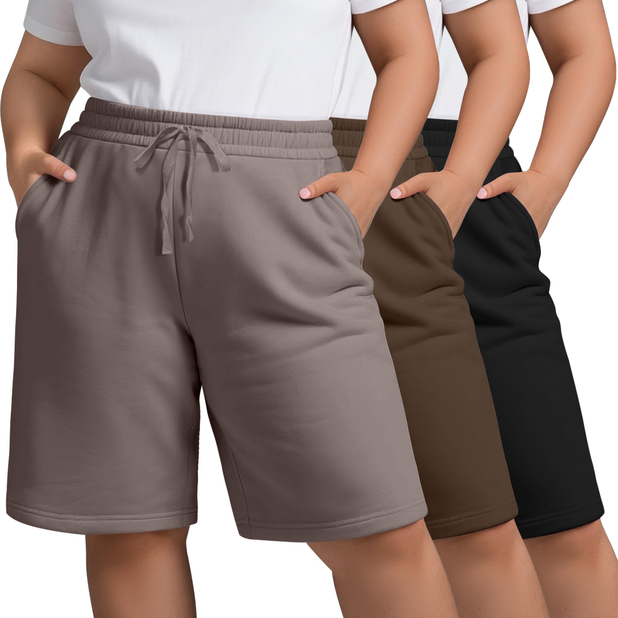 Locoowai 3 Pack Plus Size Bermuda Shorts for Women, Drawstring Elastic Waisted Knee Length Summer Casual Short with Pockets