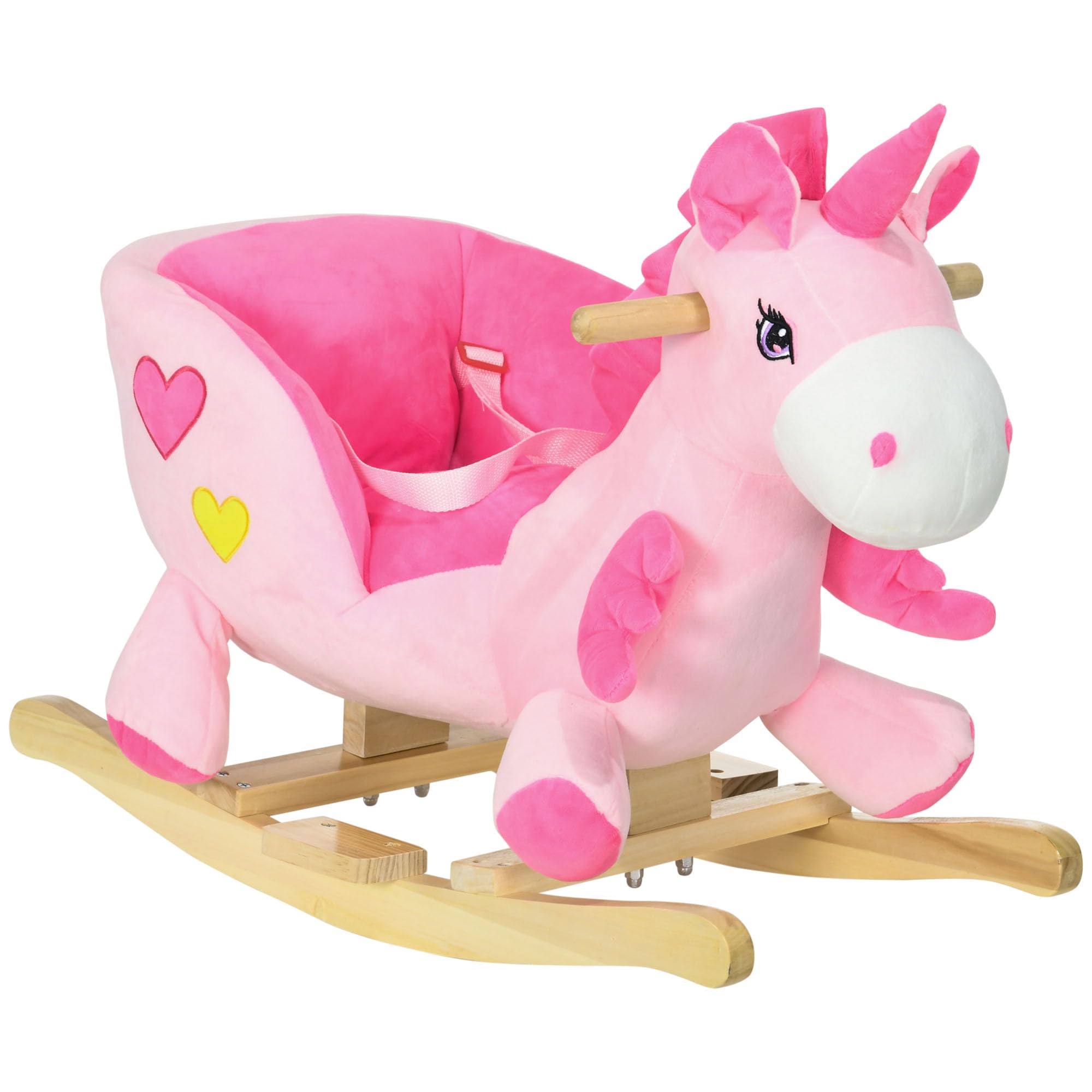 HOMCOM Cavallo a Dondolo con 32 Canzoni, Unicorno a Dondolo in Peluche con Base in Legno e Cintura di Sicurezza per Bambini da 18-36 Mesi, Rosa