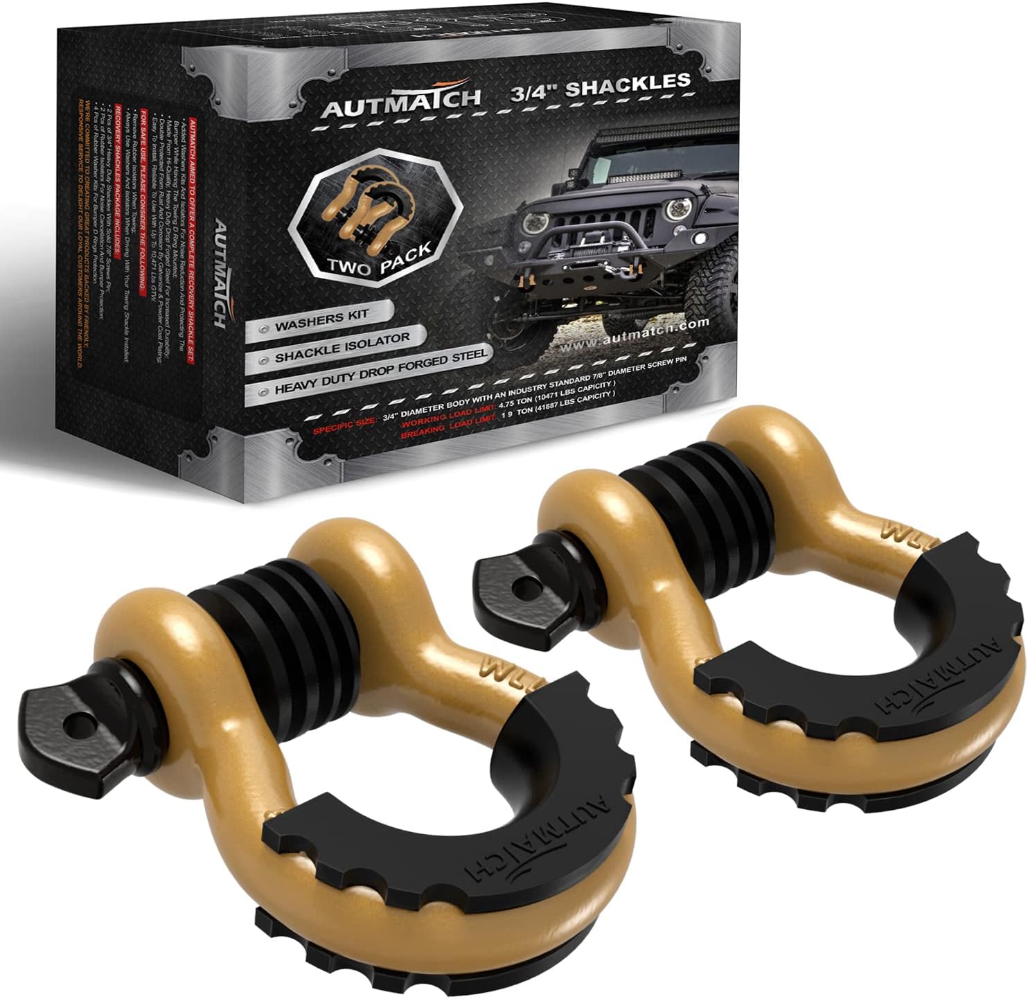 AUTMATCH D Ring Shackle 3/4" Shackles (2 Pack) 41,887Ibs Break Strength with 7/8" Screw Pin and Shackle Isolator Washers Kit for Tow Strap Winch Off Road Vehicle Recovery Gold & Black