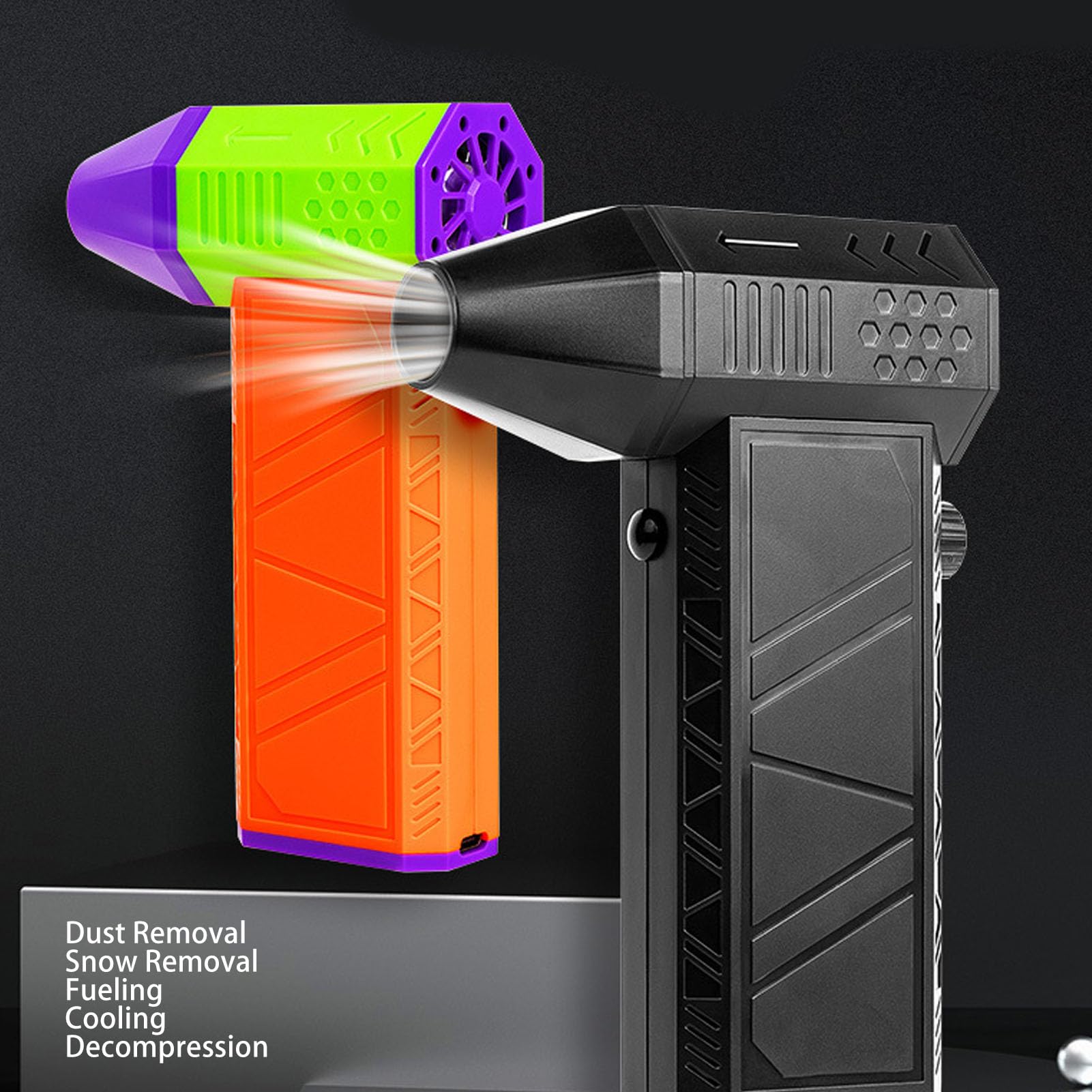 Colector de polvo de aire comprimido para soplar nieve y quitar el polvo, 130.000 rpm con 2 boquillas magnéticas inalámbricas USB para secador de coche, soplador (Negro)