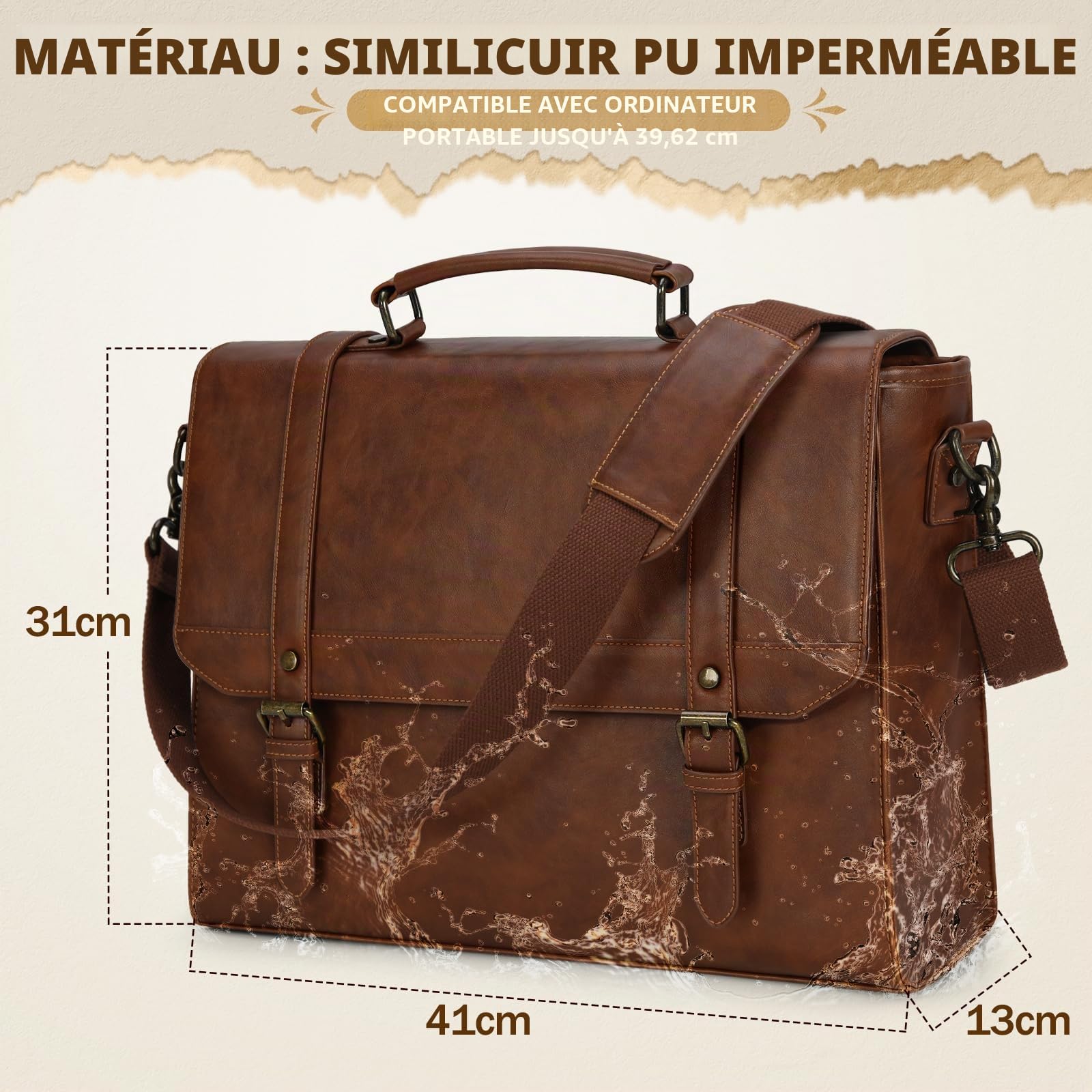 IGOLUMON Sacoche Ordinateur 15.6 Pouces Imperméables Cuir PU Sac a Main Homme Cartable Homme Sac Bandoulière Homme Sac Messenger Mallette Affaires