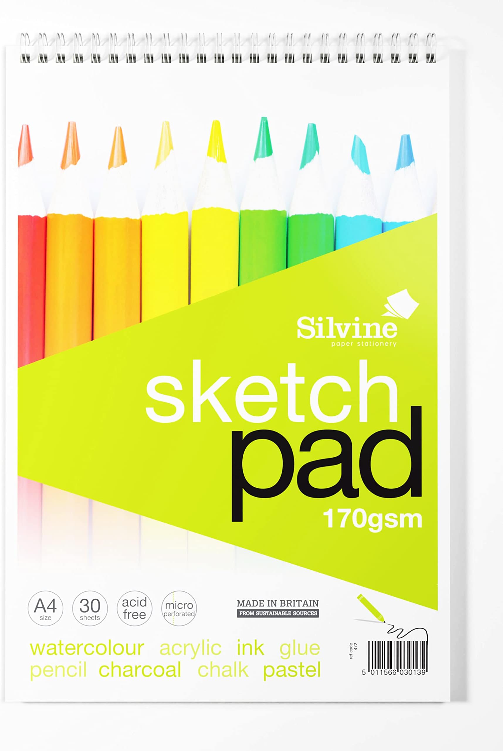 Silvine A4+ Wirebound Sketch Pad. 60 Pages (30 Sheets) 170gsm Smooth Cartridge Paper. Ref 472 - Packaging May Vary