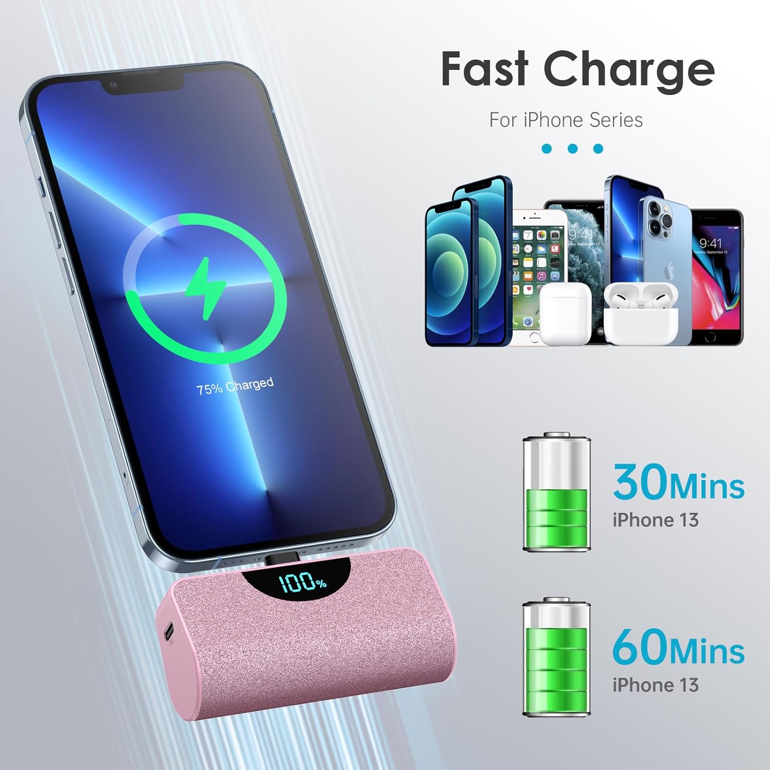 Mini Portable Charger Power Bank for iPhone, 5200mAh External Battery Charging Bank, 20W PD Fast Charging Battery Pack Portable Phone Charger for iPhone 14 Pro Max/14/13/12/11/XR/X/8/7/6/SE (Pink) Pink 5200mAh image 2 of 7 B0CNRR2VS9