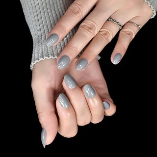 Short Oval Press on Nails Grey Fake Nails Glossy Full Cover False Finger Nails Kit for Women - 24pcs/set