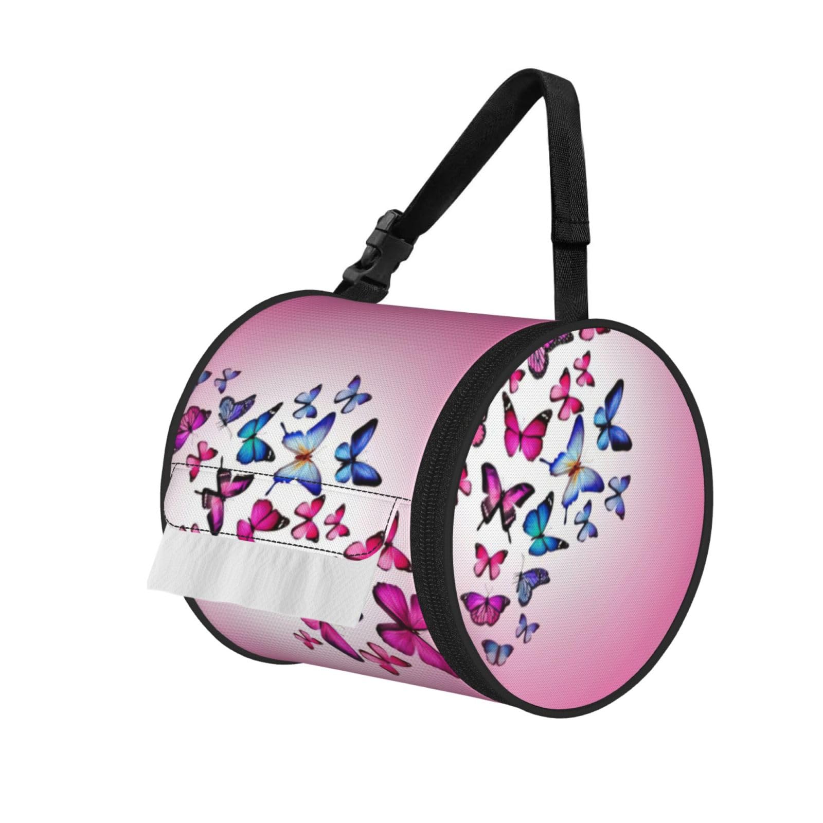 Pink Butterflies Printed Hanging Tissue Organizer, Smooth Zipper Oxford Cloth Roll Holder for RV Bathroom Desk