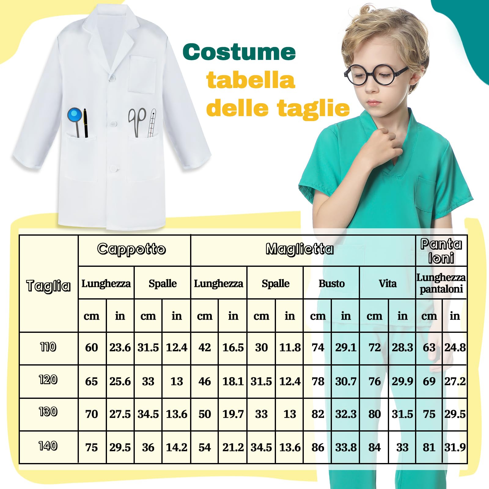 JONRRYIN Costume Dottore Bambino, Chirurgien Costume, 8 Pezzi Kit Dottore per Bambino, Dottore Costume con Stetoscopio, Kit Dottore Medico Gioco Dottore Costume Carnevale per Bambini