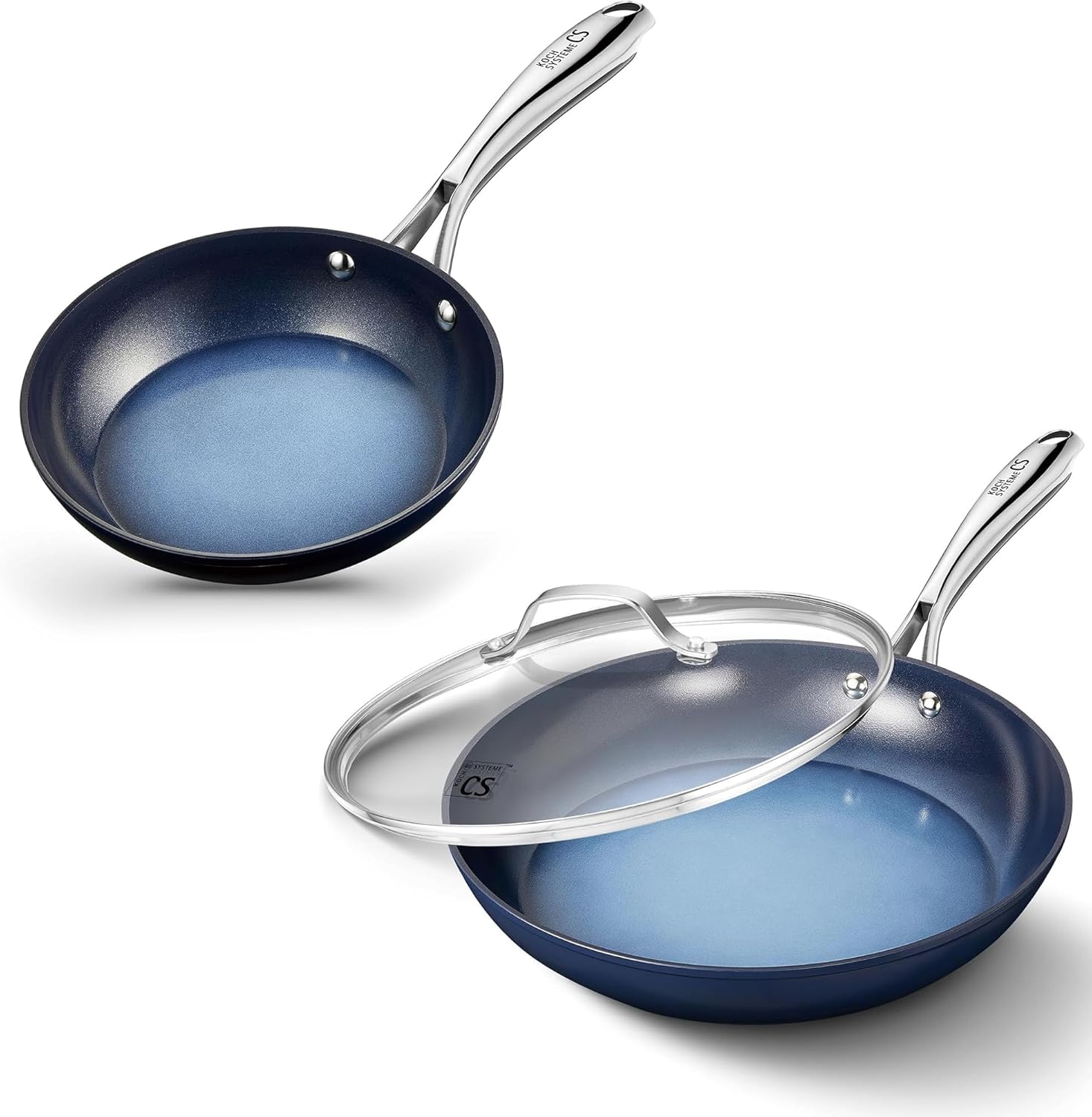 KOCH SYSTEME CS Non Stick Frying Pans, 8 & 10 Inch Pan with Non Toxic Ceramic Coatings, Omelet Pans, Oven Safe, Induction Compatible, Gradient Blue