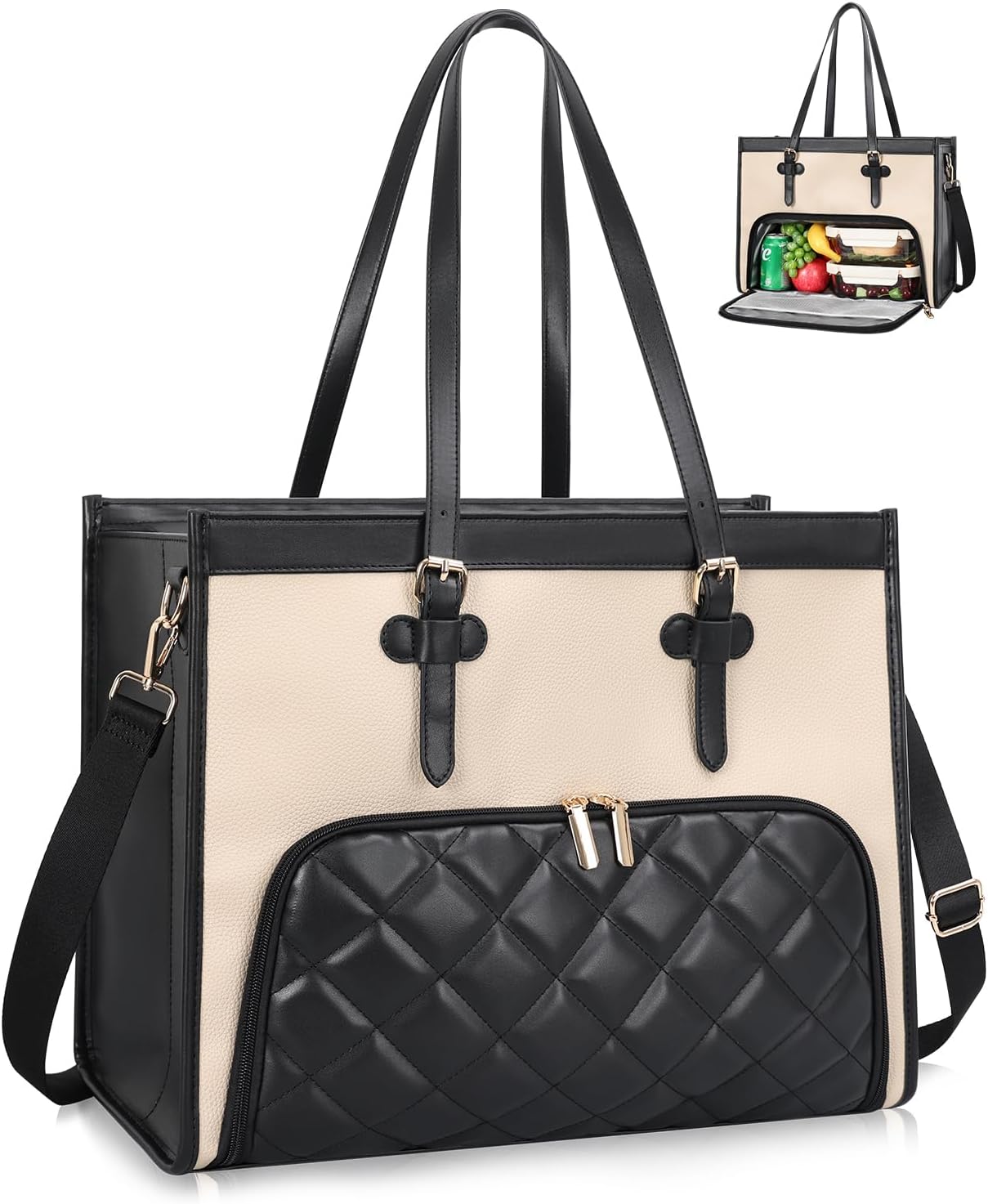 ESTARER Laptop Tote Bag with Insulated Lunch Compartment, 15.6inch PU Leather Laptop Bag For Women, Computer Work Handbag