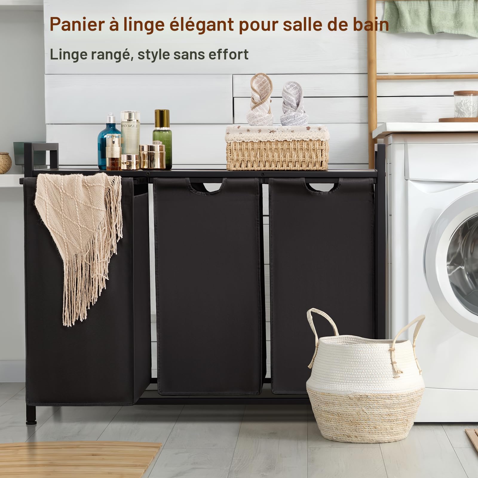 AMHANCIBLE Panier à Linge 3 Compartiments 3x38L Avec Étagère – Trieur Linge Sale Oxford Marron Rustique Et Noir, Sacs Amovibles
