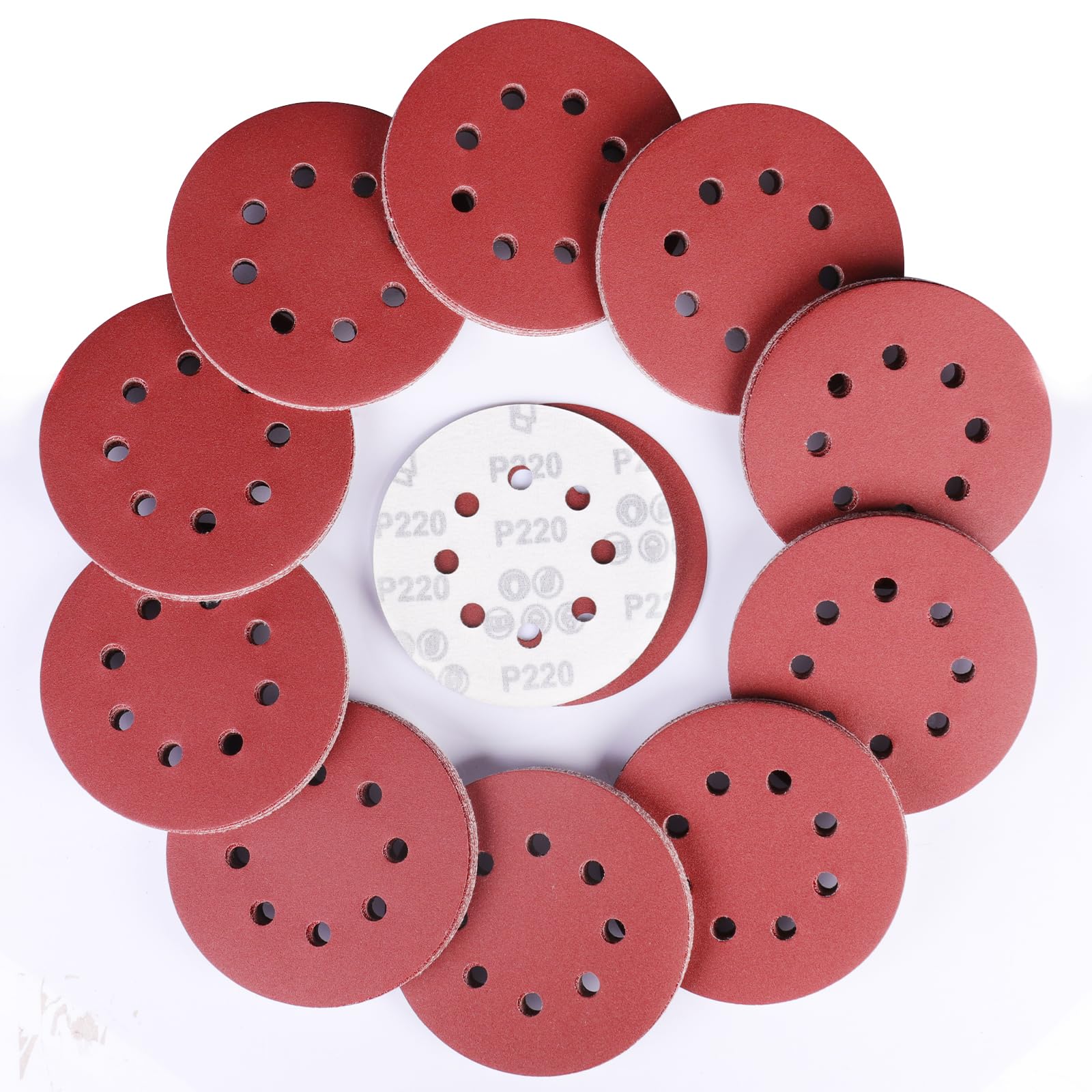 Sruhrak 100 Pezzi Rotonda Dischi Abrasivi 220 Grana, 125mm Tamponi di Levigatura a 8 Fori da Carta Vetrata per Levigatrice Orbitale