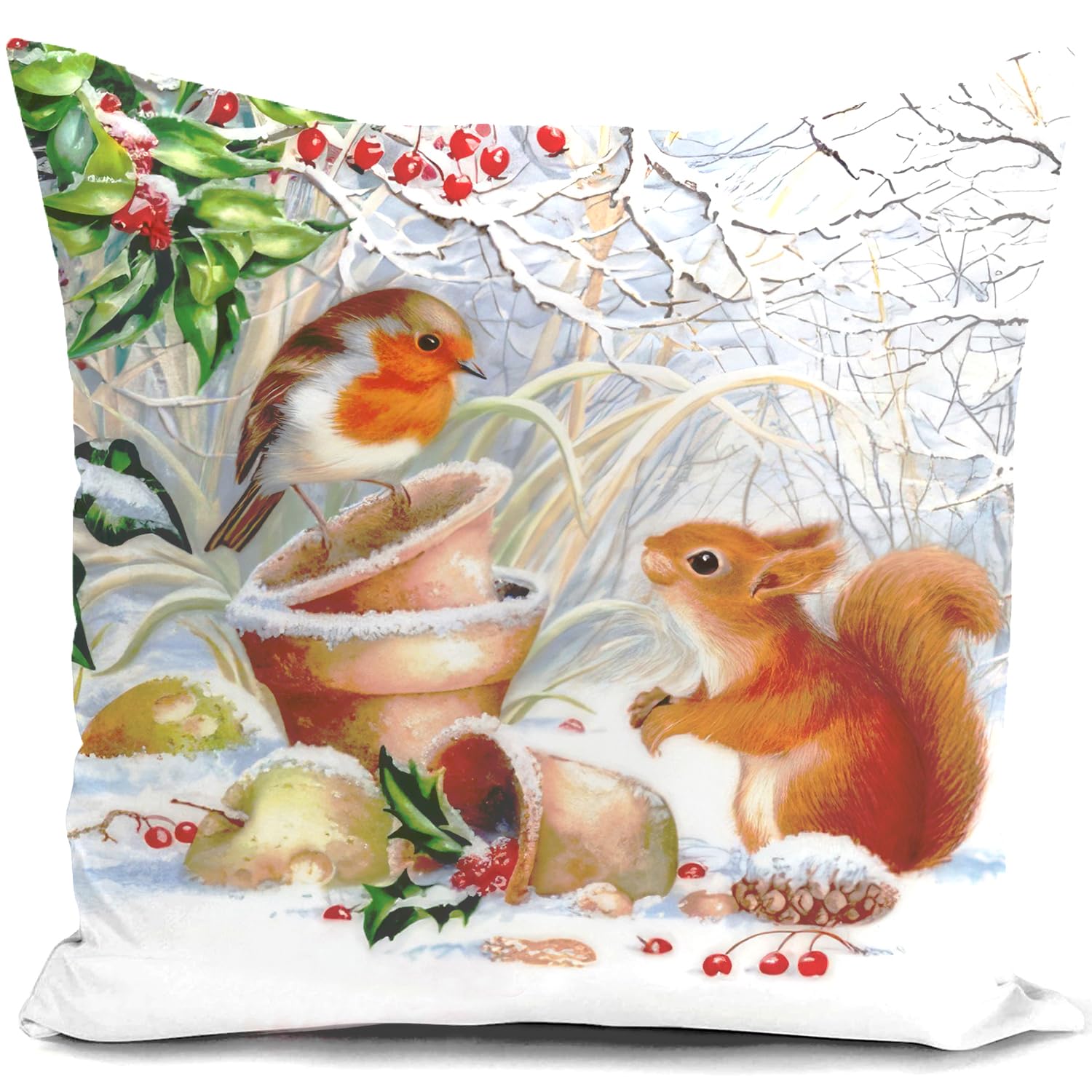 Huashuzi Singlecushions6 Christmas Cushion Covers Xmas Decorations Throw Pillow Cover Winter Robin Bird Squirrel Animal Single Christmas Decor For Sofa Living Room Home 18X18 Inch 45X45cm