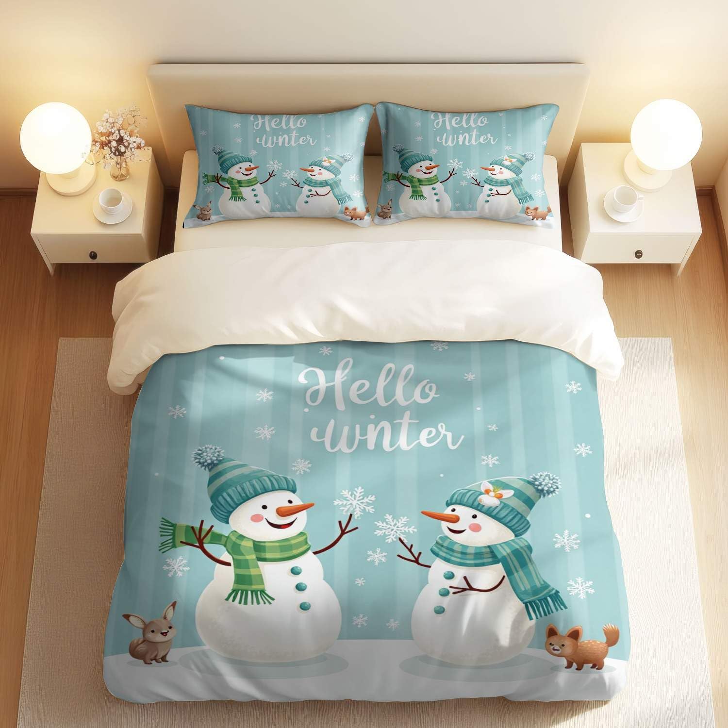 Housse de couette bonhomme de neige lit double avec 2 taies 50x75cm