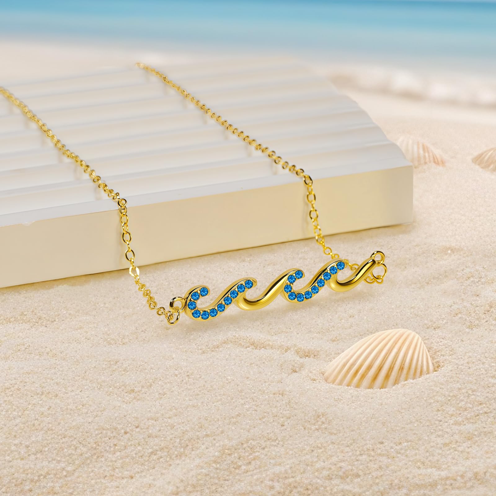 Beach Jewelry for Women, Wave Necklace for Women, Dainty 14K Gold Plated Necklace Friendship Gifts Beachy Jewelry -Birthday Gifts for Daughter Mom and Sister Ocean Necklaces Wave Charm