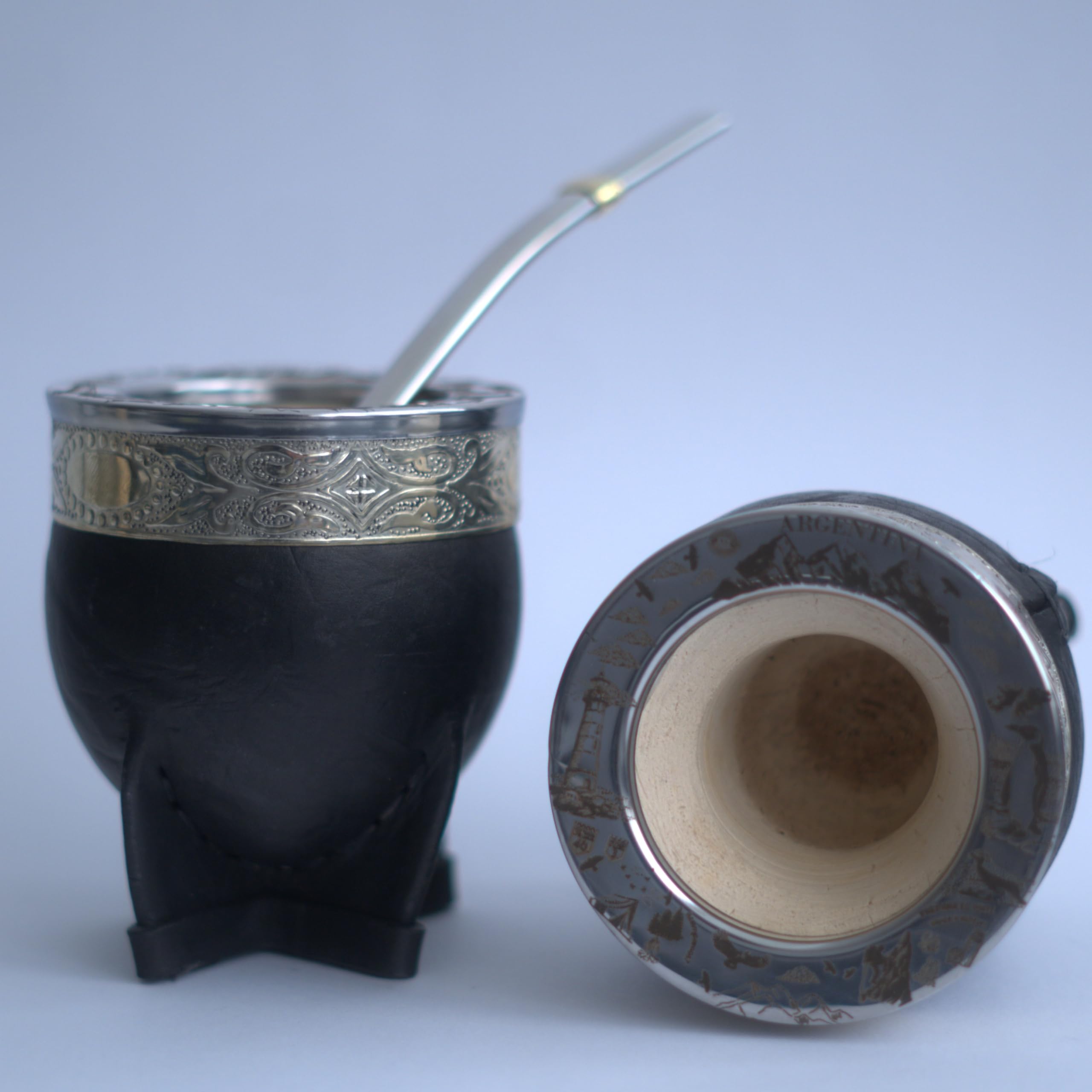 ALMA NATIVA - Mate Argentino Artesanal Imperial – Calabaza y Cuero, Virola de Alpaca | Bombilla Acero Inox Pico Curvo + Porta Yerba Pequeño | Premium de Argentina