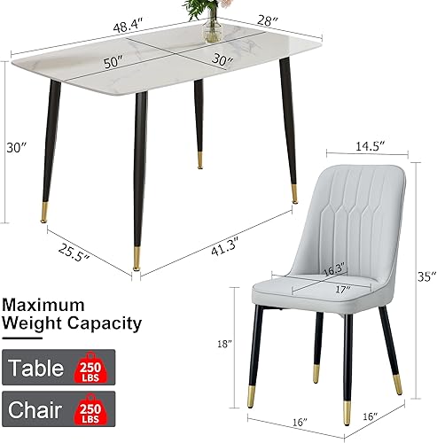 Miniatura 2 de Juego de mesa de comedor de piedra sinterizada moderna blanca de 50 pulgadas para 4 mesas de comedor de mármol sintético con 4 sillas tapizadas de 4