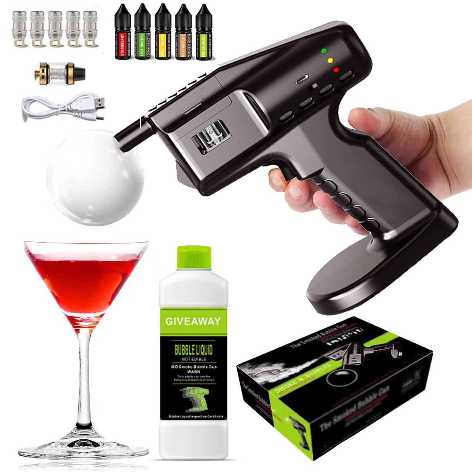 Kitchen Smoked Bubble Gun for Making Bubbles and Smoke, Cocktail Smoker Kit, USB Powered Cold Smoke Generator, for Cocktail Drink, BBQ and Food Cooking