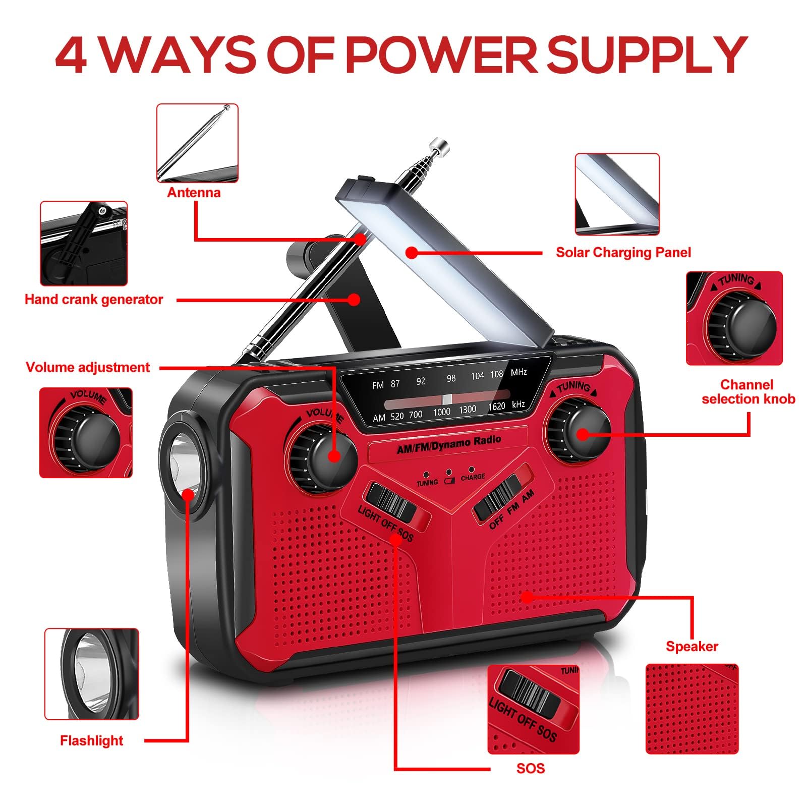 Radio Solaire Portable Radio d'urgence Météo 2500 mAh Radio à Manivelle avec AM FM Radio Dynamo Charge de Téléphone avec Lampe LED Alarme SOS Câble USB pour Randonnée Camping