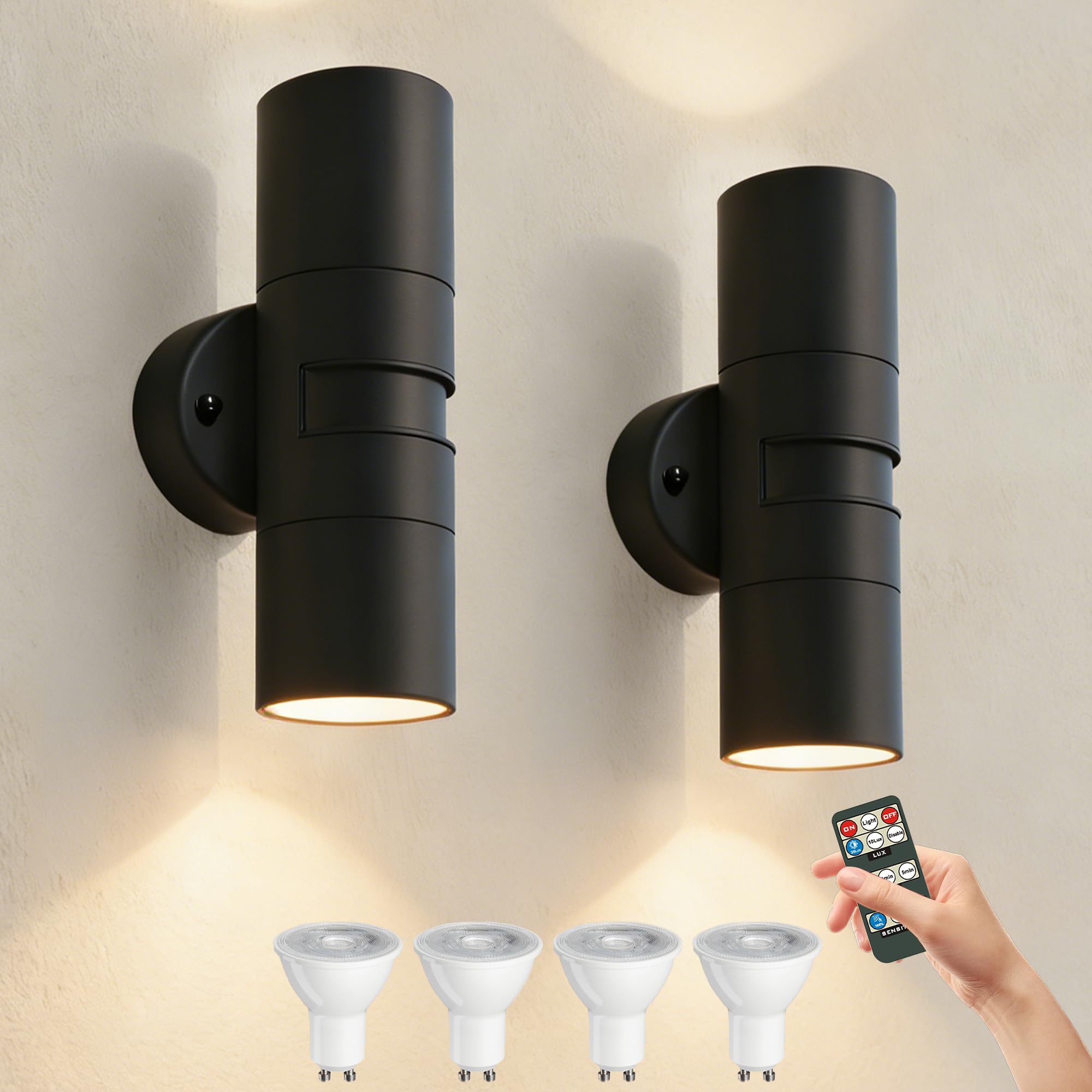 JNR Außenlampe mit Bewegungsmelder und Fernbedienung, Schwarz 2 Pack | Einstellbarer Bewegungsmelder Dämmerungssensor, IP54 Wasserdichte 230V Edelstahl Aussenlampe, 2*5W GU10 3000K LED Glühbirne