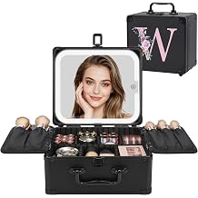 Relavel Birthday Gifts for Women Teen Girls, Initial Makeup Bag with LED Mirror Personalized Cosmetic Bag Travel Organizer Train Case, Teacher Graduation Gift Teen Girl Gifts Trendy Stuff, Black W