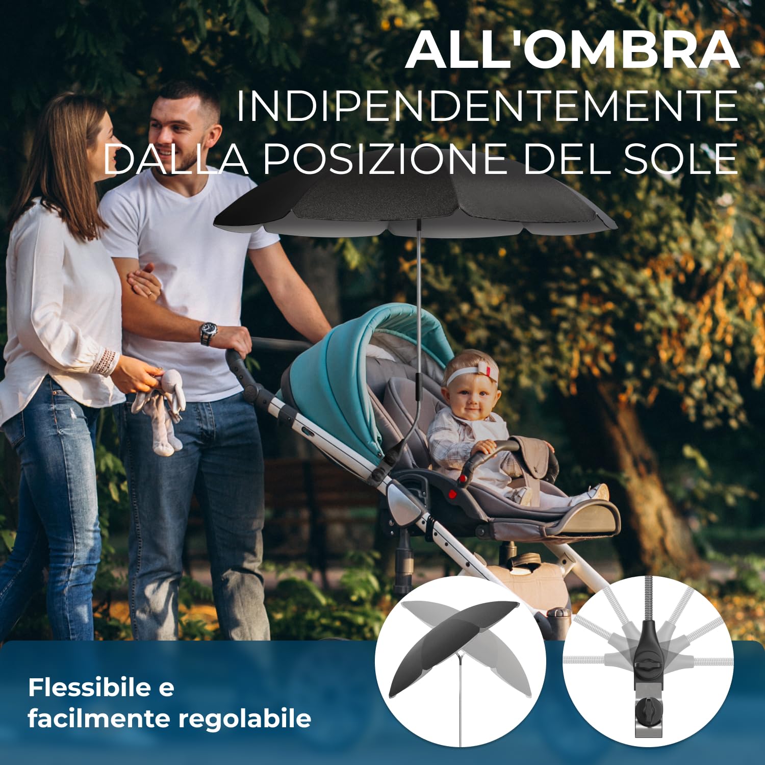 STYNGARD Ombrellino Passeggino UV 50+ 70 cm con Supporto Universale Modello ROMA