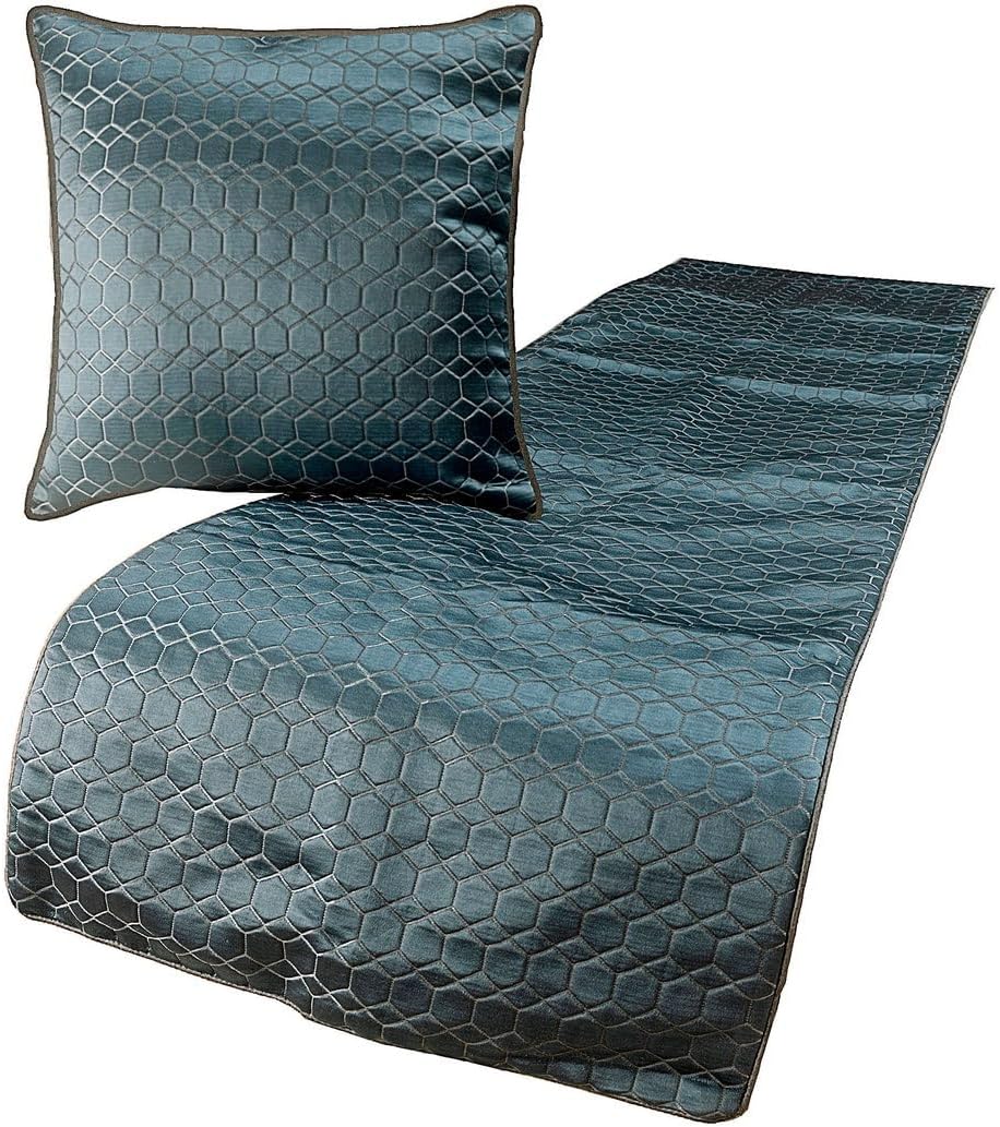 The HomeCentric King Queen Twin Blue Decorative King 90"x18" Bed Runner with Pillow Cover, Hexagon Pattern Bed Scarf on Jacquard Fabric - Hexagon Lagoon