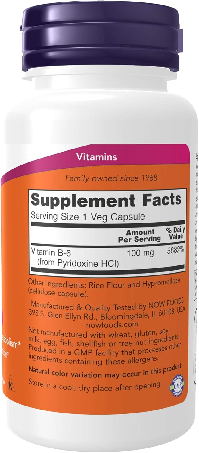 NOW Supplements, Vitamin B-6 (Pyridoxine HCl) 100 mg, Cardiovascular Health*, 100 Veg Capsules : Health & Household