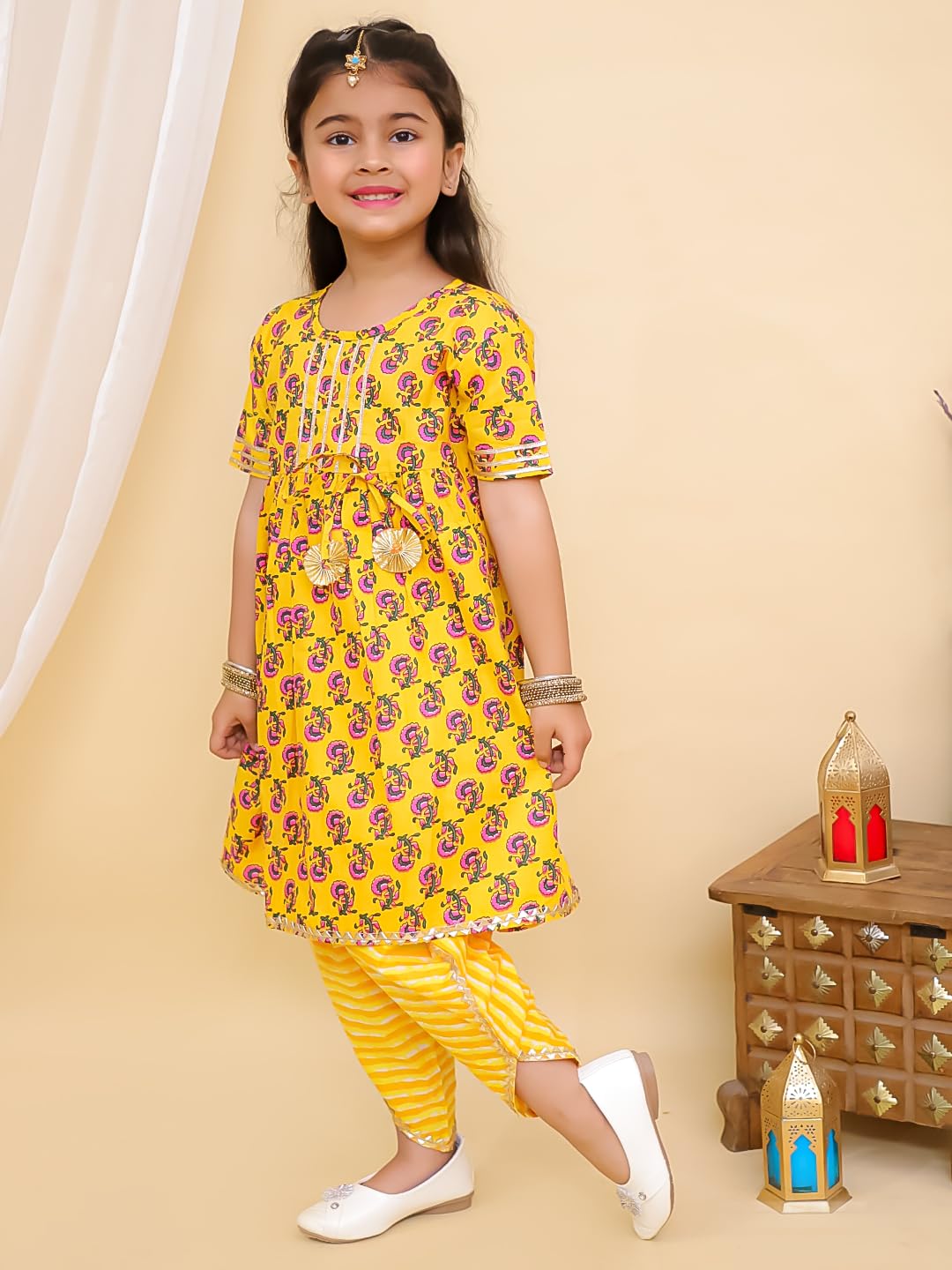 superminis Cotton Blend Baby Girls Printed Frock Style Kurti With Dhoti Style Salwar Ethnic Dress & Outfit (Yellow, 12-18 Months)