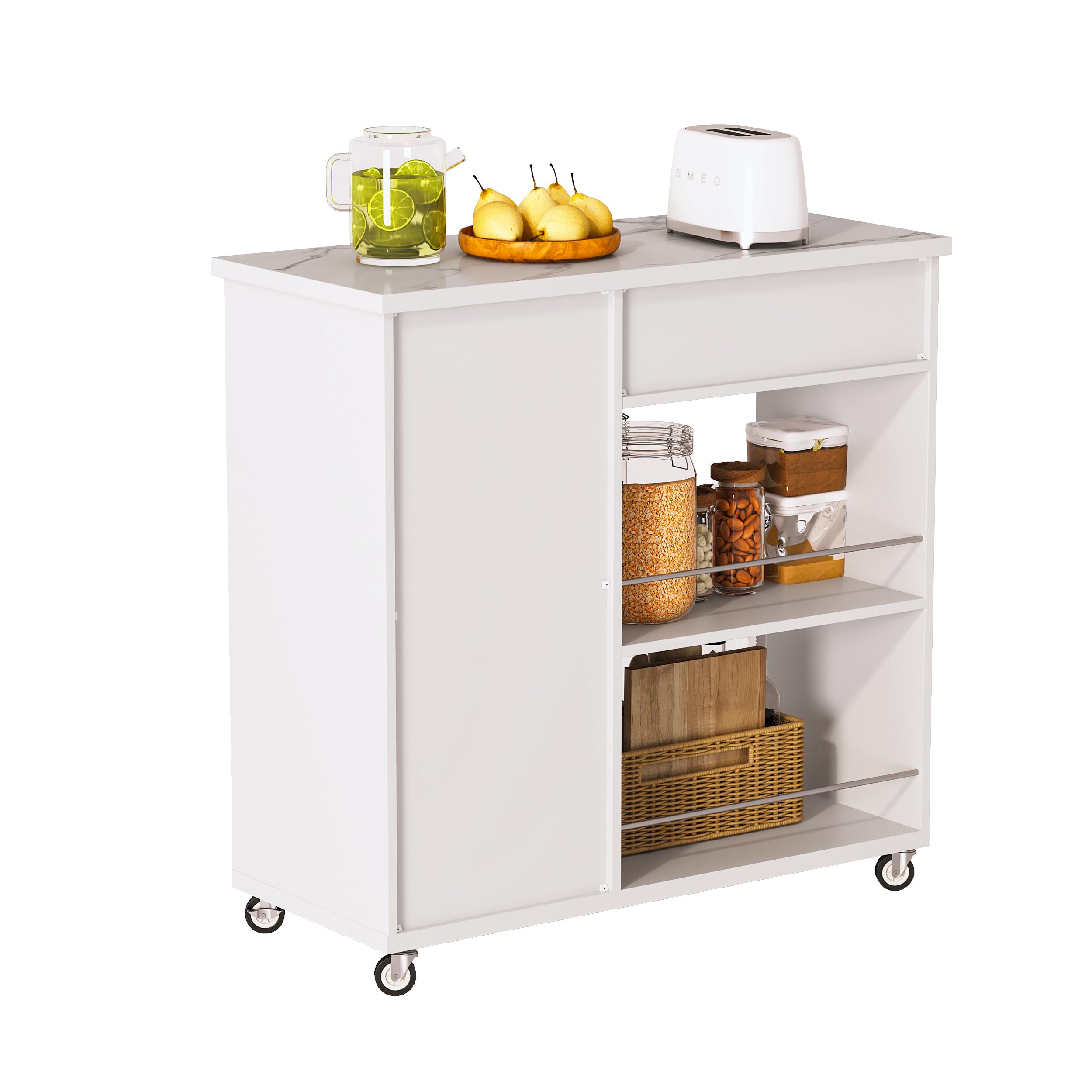 Wózek kuchenny z MDF, mobilna wyspa z efektem marmuru, biały, 96 x 40 x 89,5 cm