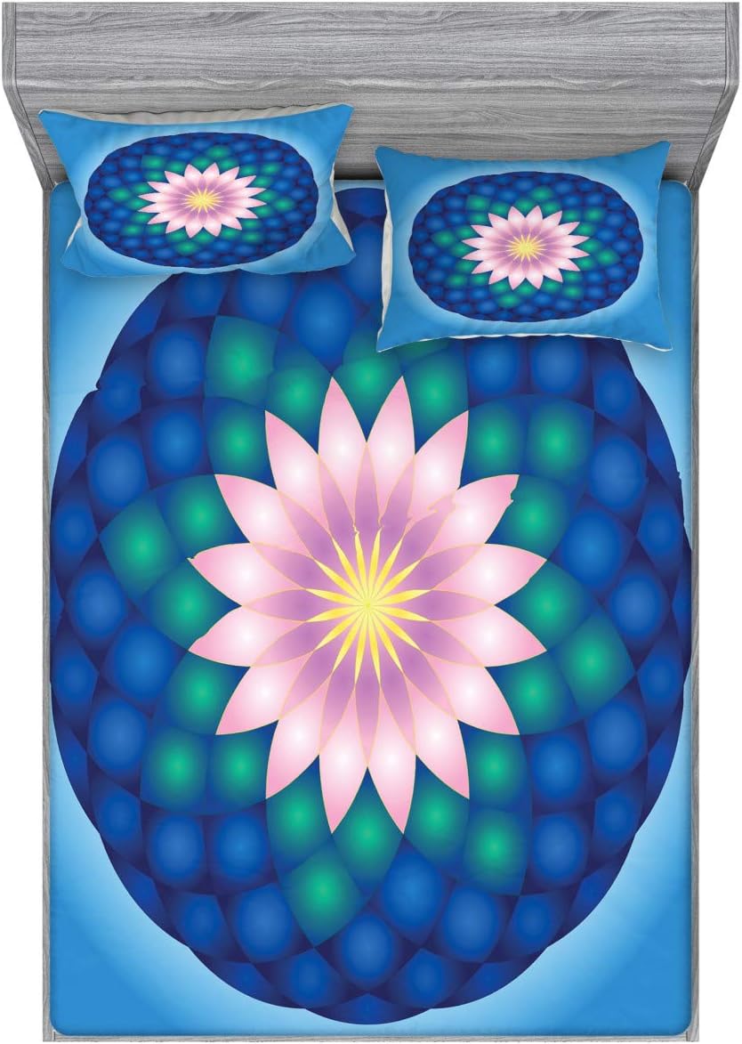 Ambesonne Flower Mandala Fitted Sheet & Pillow Sham Set, Scales Pattern with Blooming Lotus Flower Design Eastern Traditional Motifs, Decorative Printed 2 Piece Bedding Decor Set, Full, Multicolor
