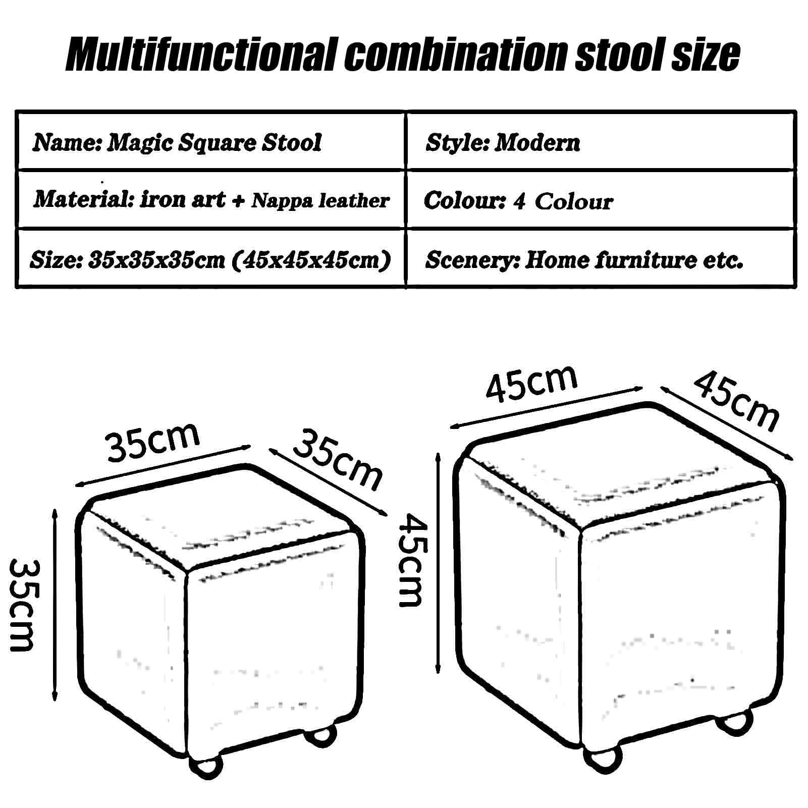 Stołek otomany 5 w 1 do układania w stos, skórzany fotel sześcienny do domu rama ze stali węglowej z kółkami uniwersalny podnóżek do jadalni Rozmiar: 45 x 45 x 45 cm Kolor: [kolor wkładki].