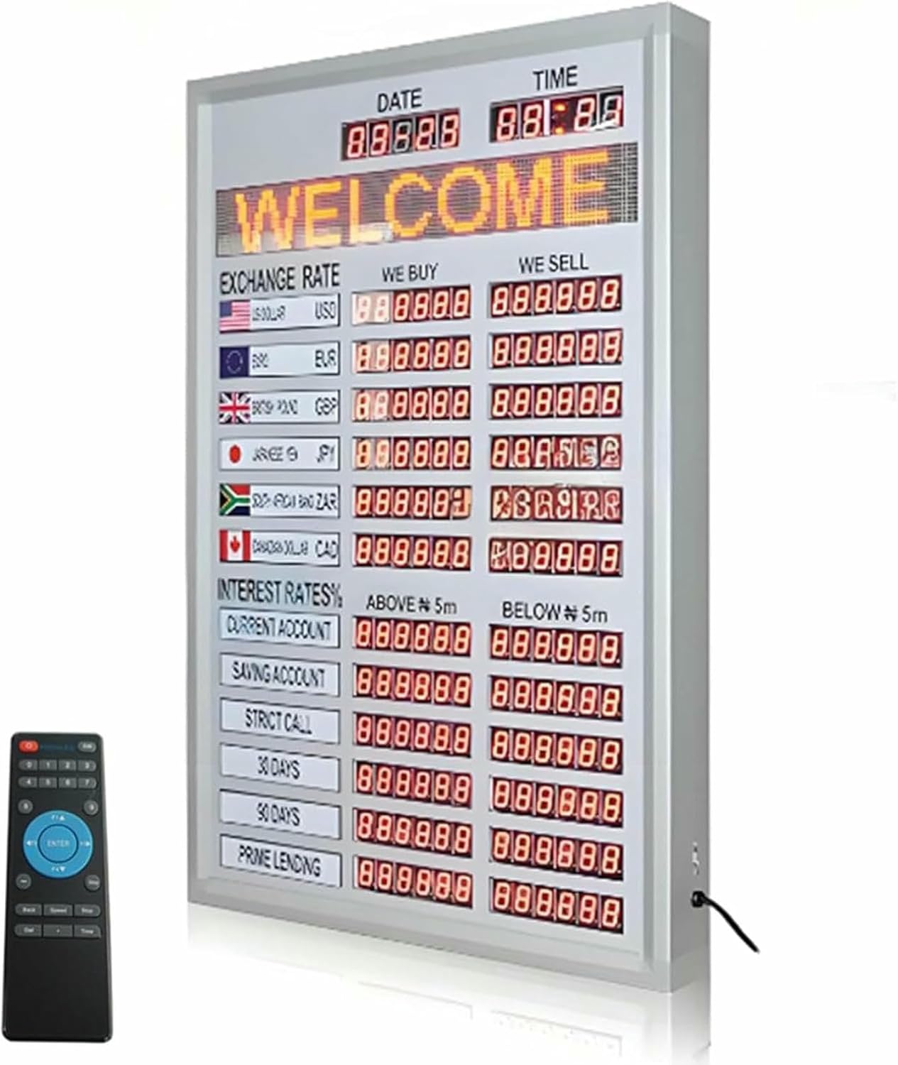 LED Electronic Exchange Rate Display Screen, 6-Country World Exchange Rate Clock, Scheduled Updates and Power Failure Memory Function, for Financial Institutions