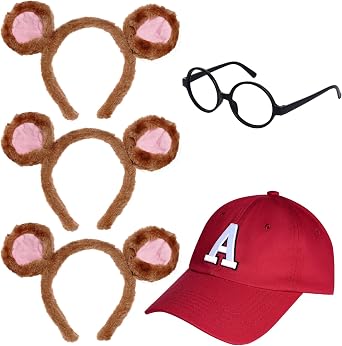 Chipmunk Costumes Set with Plush Ears Glasses Hat Accessory for Adults Teens World Book Day Halloween Party Dress Up