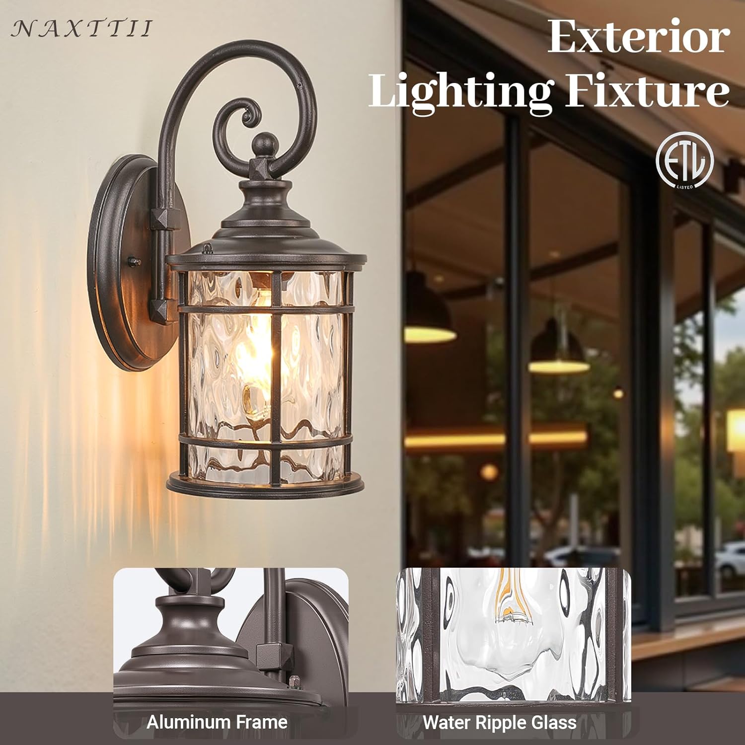 Porch Lights 0utdoor 12.5 Inch Height Exterior Lighting Fixtures with Water Ripple Glass Die-Casting Aluminum Outside Lights for House Porch Garage Yards E27 Socket ORB Finish