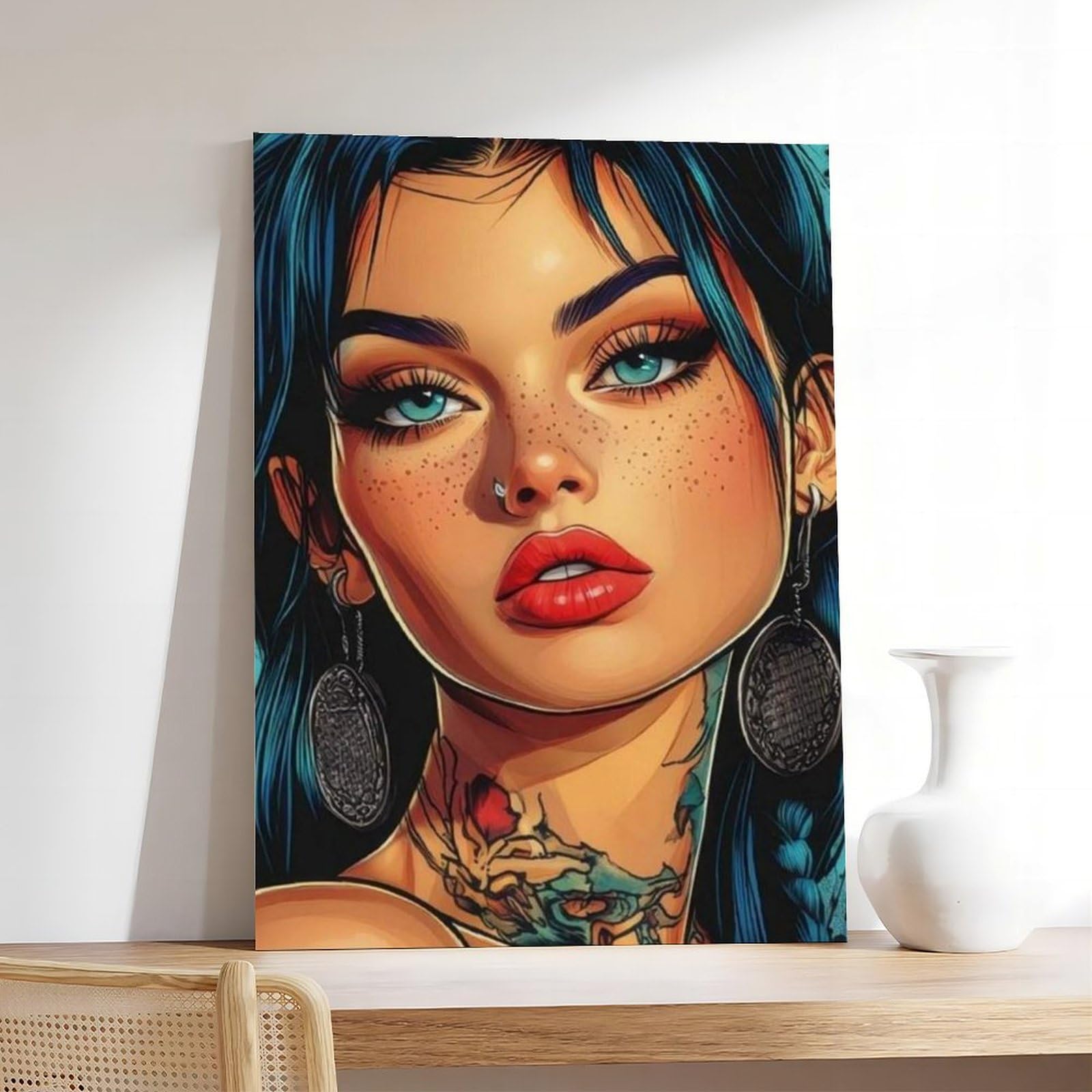 WJWART Poster Pop Art - Femme tatouée audacieuse de style bande dessinée - Décoration de chambre à coucher - Cadeau de décoration de chambre à coucher (60 x 90 cm)