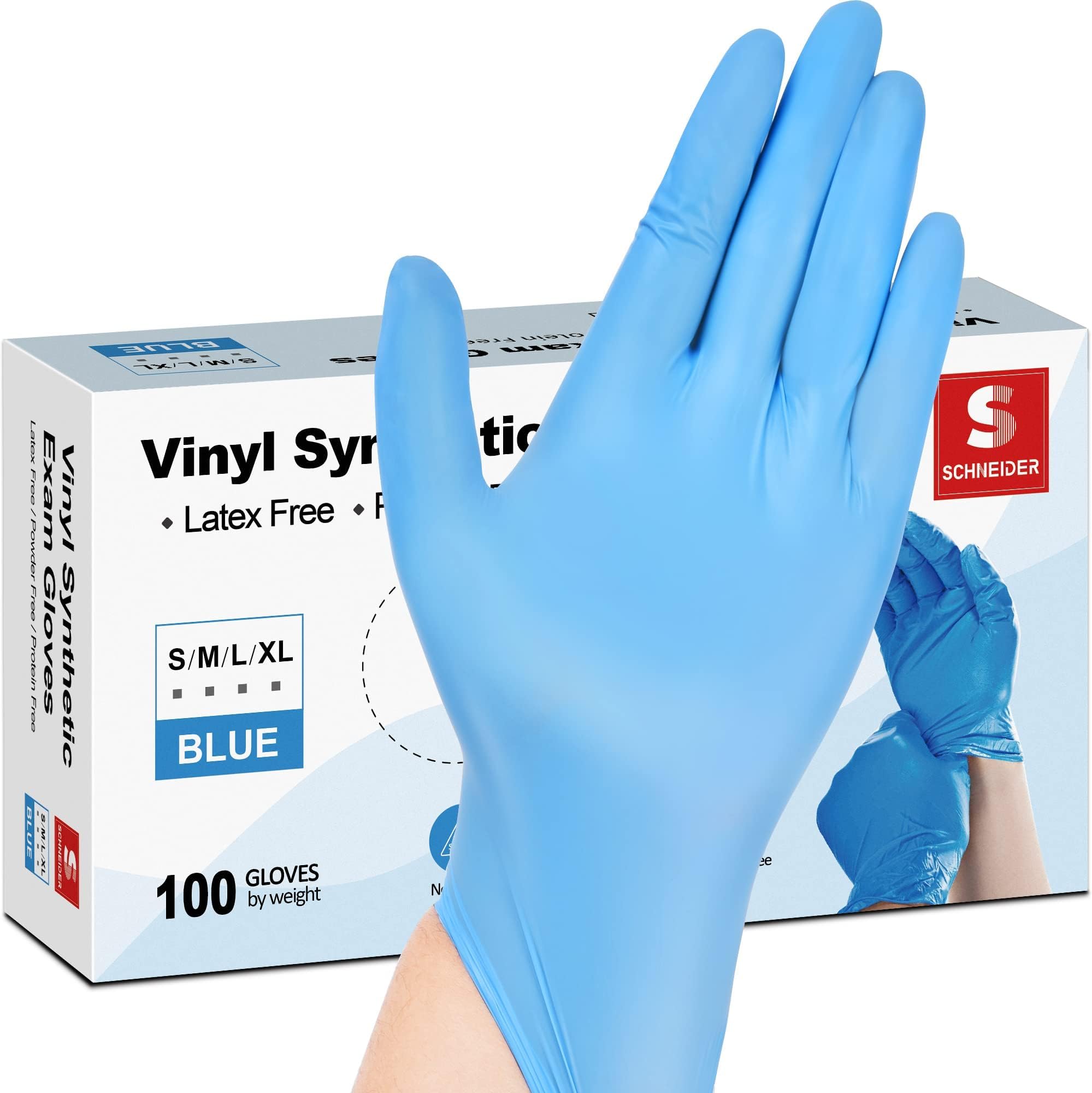 Schneider Vinyl Synthetic Exam Gloves, Blue, 4mil, Powder-Free, Latex-Free, Disposable Glove for Medical, Food Prep, Cleaning