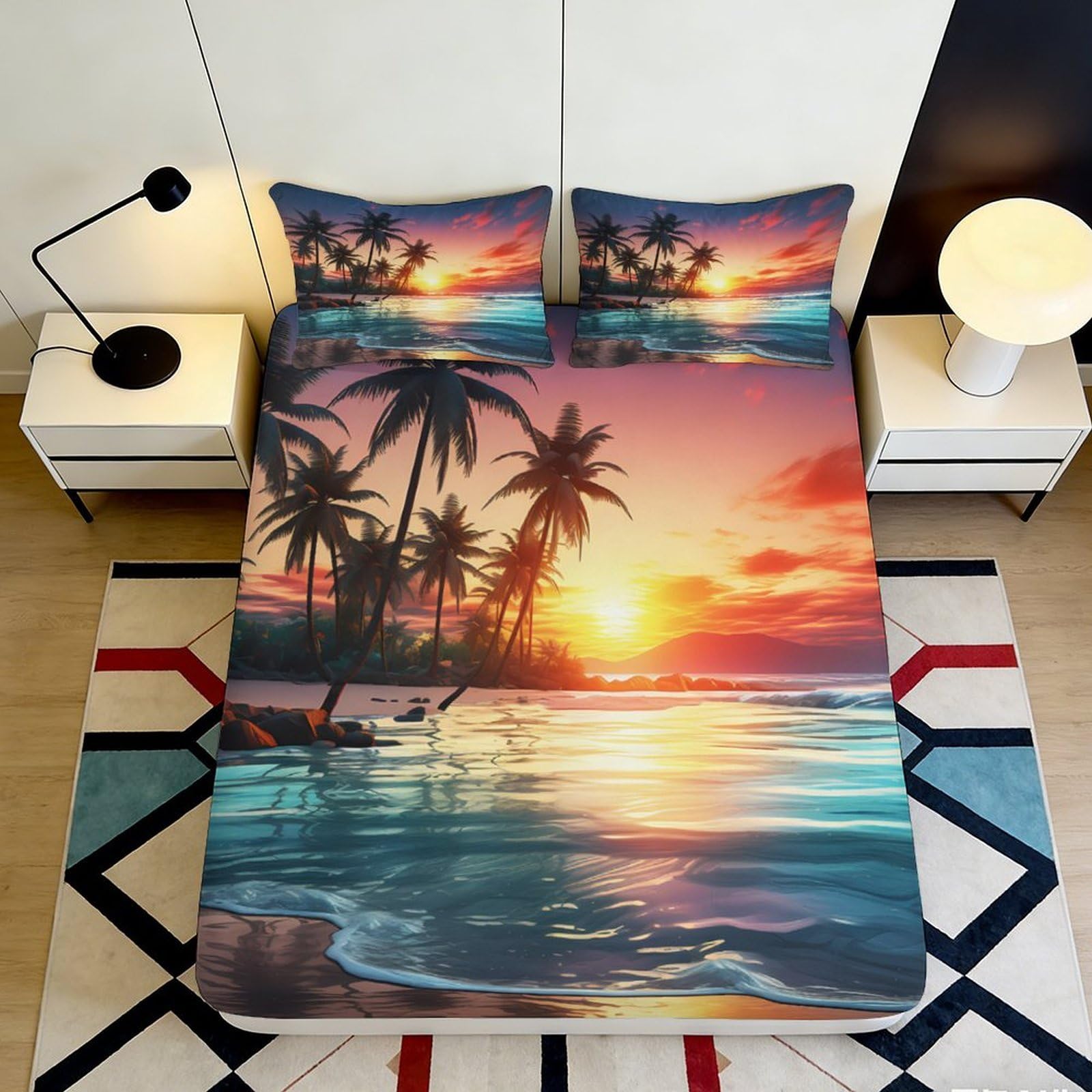 3D Printed Sunset Beach Fitted Sheet Microfiber Soft Tropical Palm Mattress Cover for Bedroom Guest Room Decor 90x200x25cm