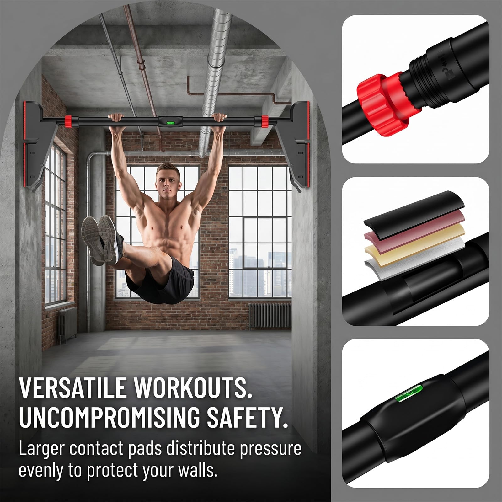 Klimmzugstange Türrahmen Ohne Schrauben, 200KG Tragkraft, Drehbares Zahnradschloss, Verstellbar 75-94CM, Rutschfestem, Pull Up Bar für Oberkörper Training Heimfitness