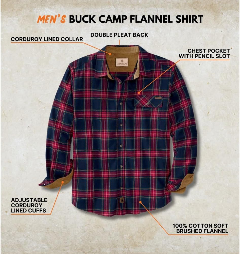 Legendary Whitetails Men’s Buck Camp Flannel Shirt, Long Sleeve Plaid Button Down Casual Shirt for Men with Corduroy Cuffs - Image 4