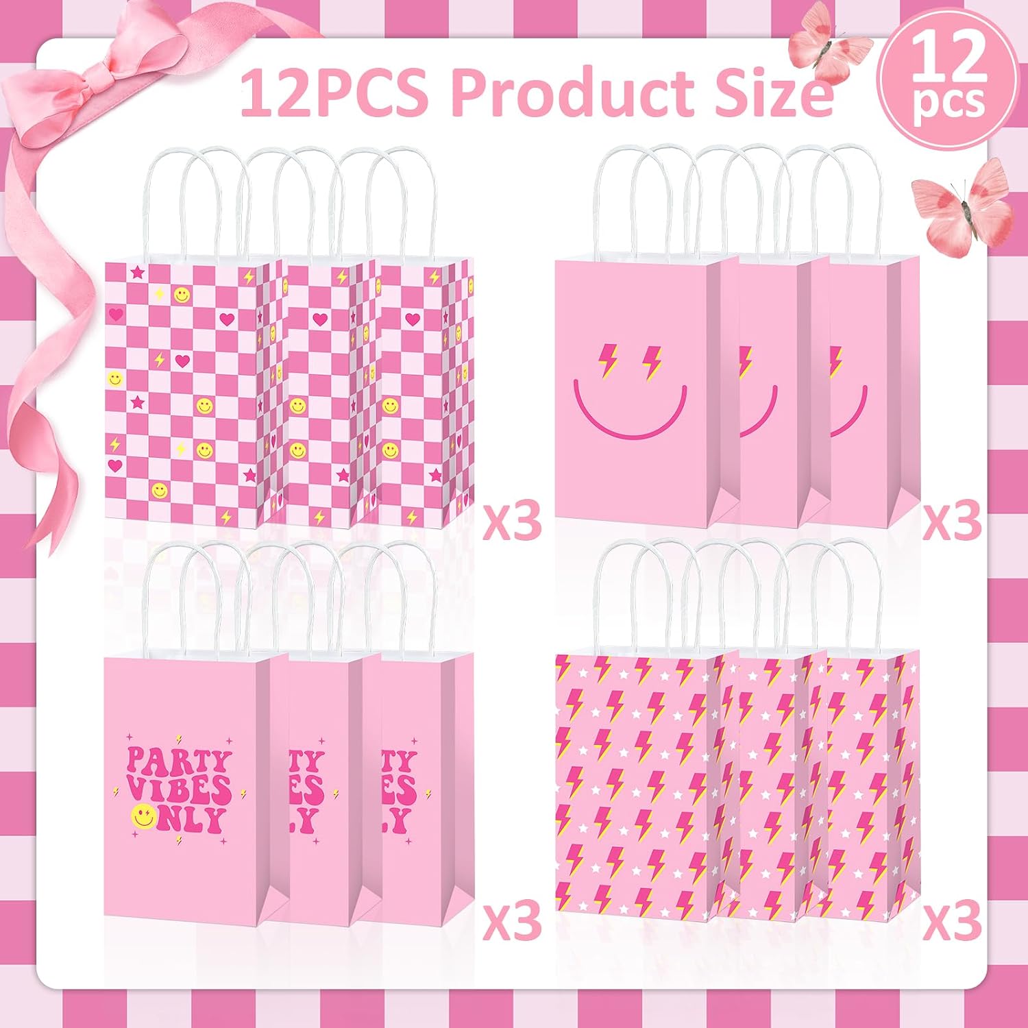 12Pcs Preppy Party Favor Bags Pink Smile Face Paper Gift Bags with Handles Heart Checkered Treat Candy Goodie Bag for Preppy Birthday Decorations Bachelorette Wedding Party Supplies Baby Shower image 2