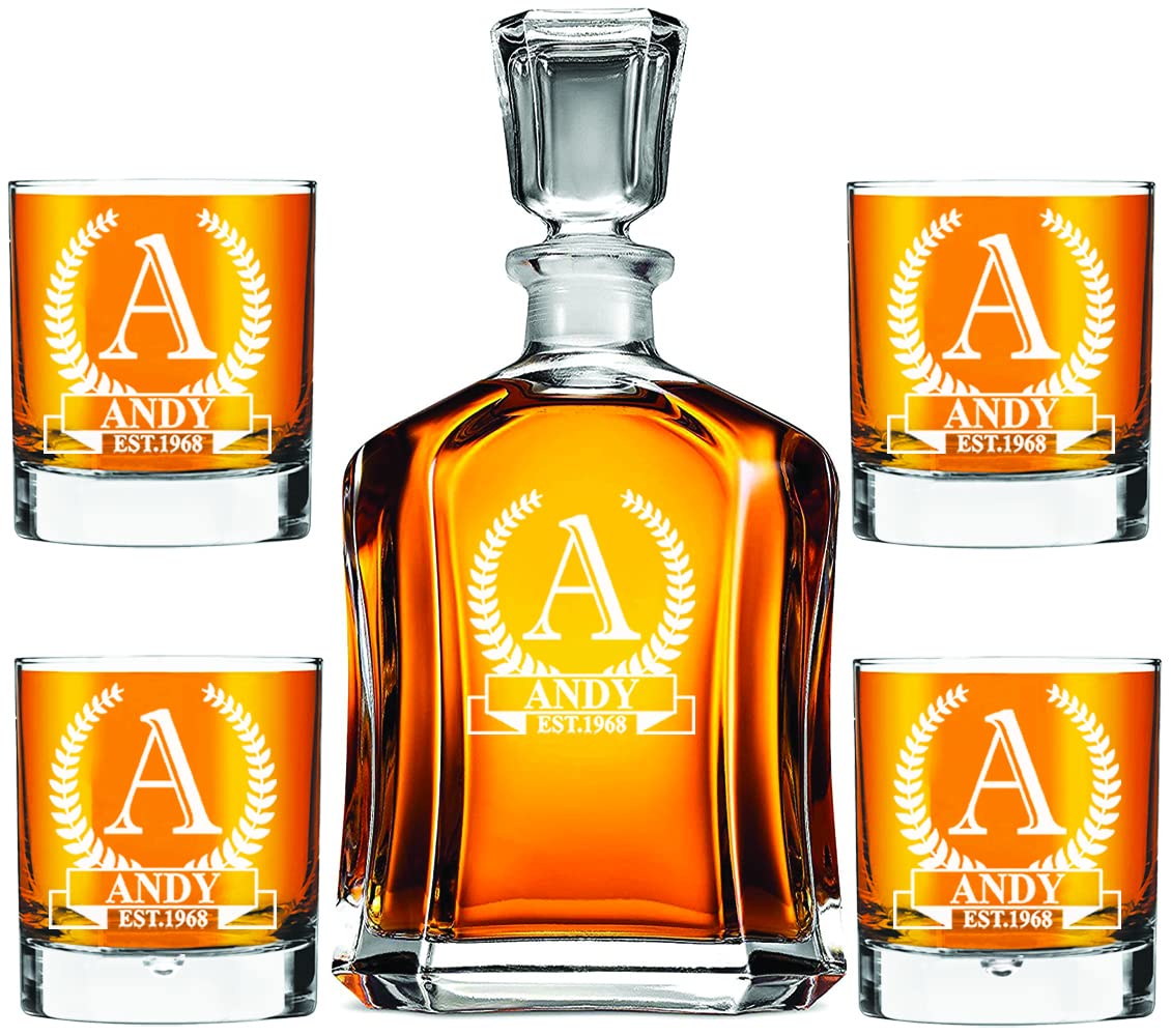 Juego de decantador personalizado con 4 vasos de whisky de 270 ml, tamaño del decantador 700 ml