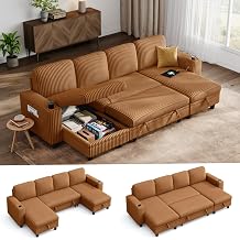 LINSY HOME Modular Sectional Sofa Bed, U Shaped Sleeper Sofa Couch with Storage Chaise, Corduroy Sectional Couches for Living Room, Versatile Armrest, 4 Seats, Brown, 106" W x 55" D x 34" H