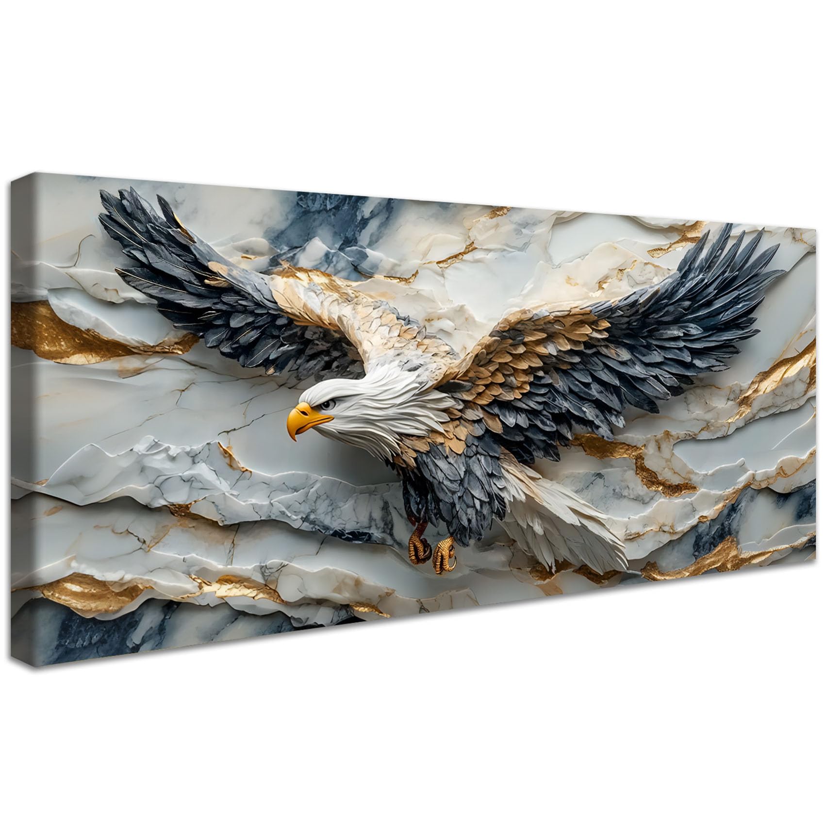 Marco de madera Grandes Cuadros Decoracion Salon Modernos Mármol Águila Calva Lienzo Decorativo Abstracto Blanco Gris Oro Plumas Águila Animal Pintura Cuadros Decorativos Salon Dormitorio 50x120cm