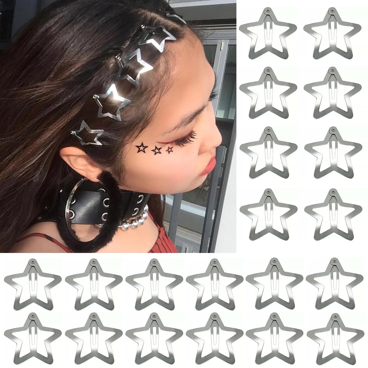 20 PCS 1.22 inches Star Hair Clips Snap Star Hair Barrettes Cute Lovely Accessories, Non Slip Star Clips for Girls Women 2000s Y2K Silver Metal Hair Clips