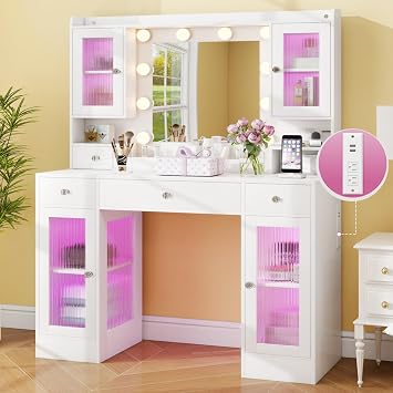 MUUEGM Vanity Desk with Mirror and Lights, 43" Large Makeup Vanity with 4 RGB Storage Cabinets, Power Outlet & 4 Drawers,3 Color Lighting Modes, Adjustable Brightness for Women & Girls Bedroom,White