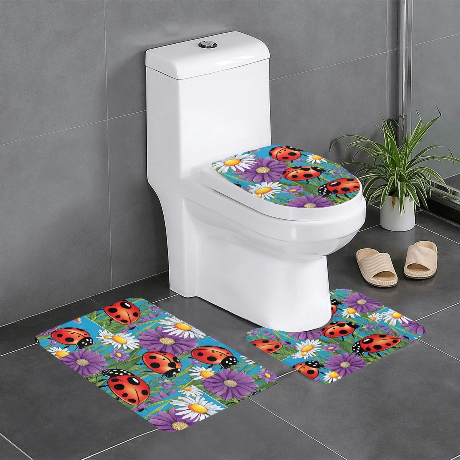 Tapis de bain trois pièces insecte coloré avec contour WC antidérapant